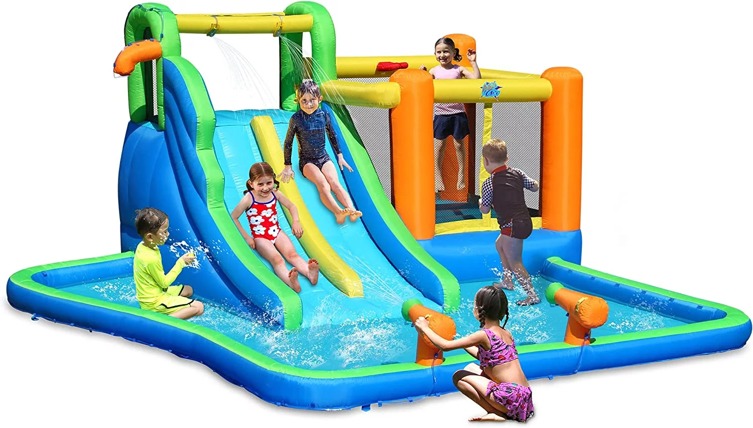 Action Air Water Slide, 7-in-1 Inflatable Bouncer Combo with Large Pool, Bounceing Area Double Slide