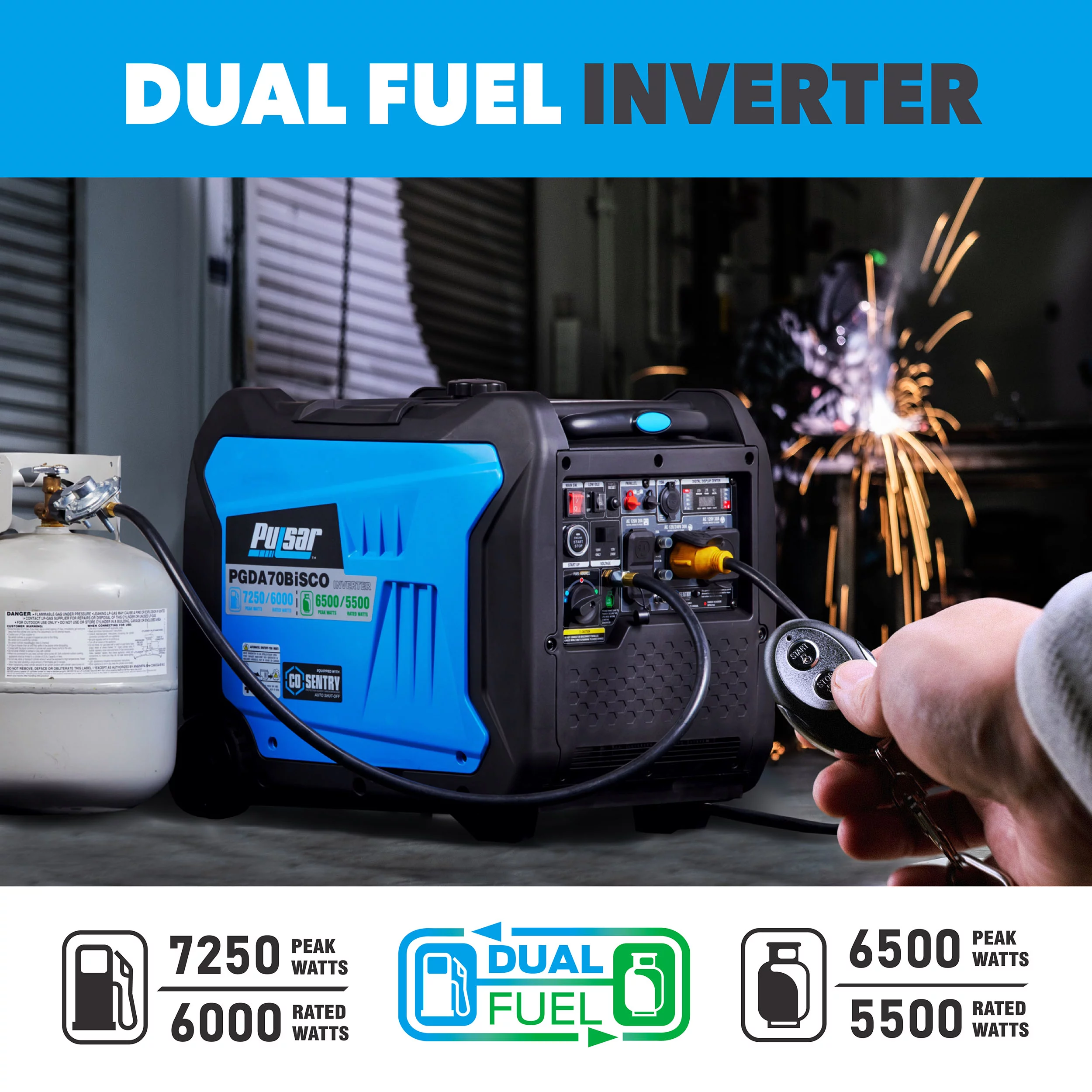 Pulsar 7,250 Watt Super Quiet Dual Fuel Inverter Generator with CO Alert and Remote Start