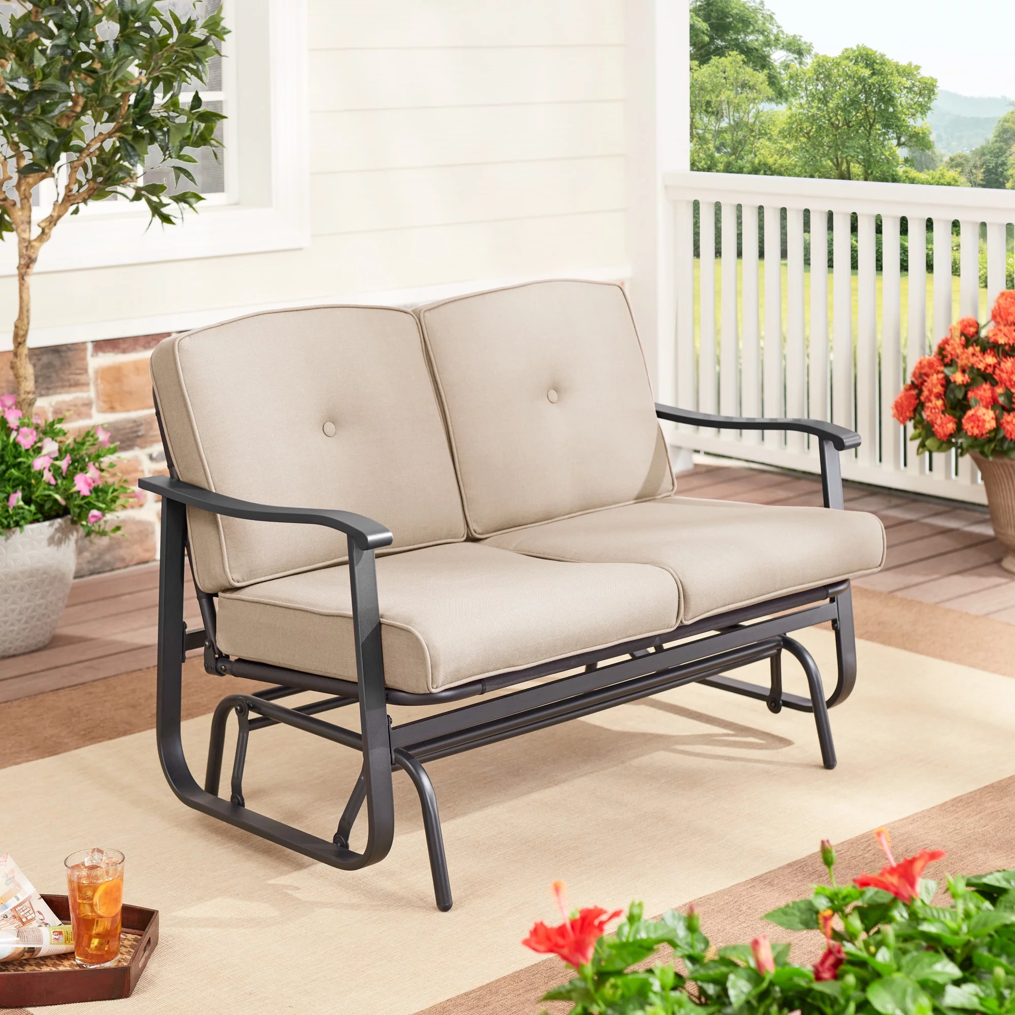 Mainstays Belden Park Cushion Steel Outdoor Glider Bench – Red/Black