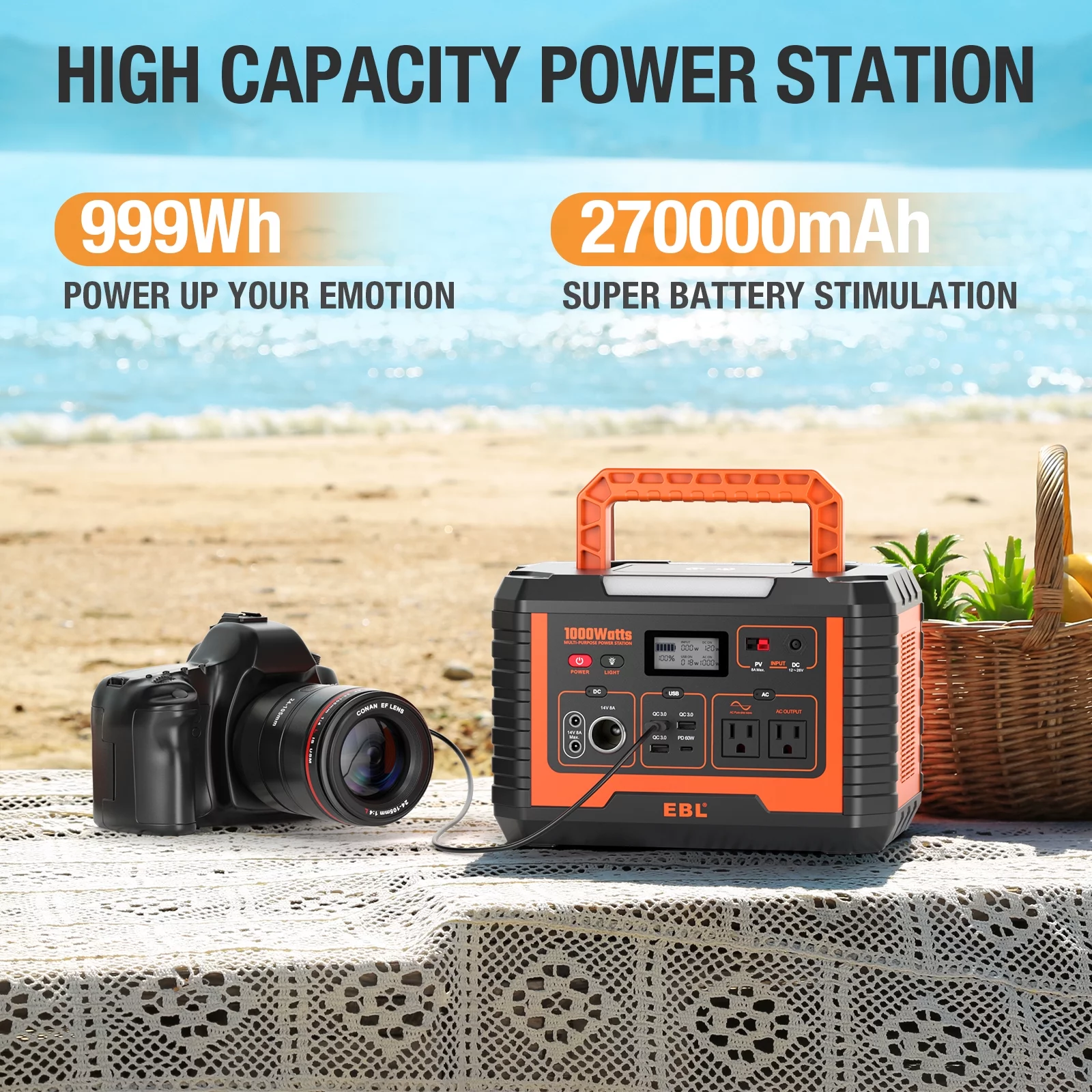 EBL Portable Power Station Voyager 1000, 110V/1000W Solar Generator(Peak 2000W), 999Wh/270000mAh High Lithium Battery for Outdoor Home Emergency