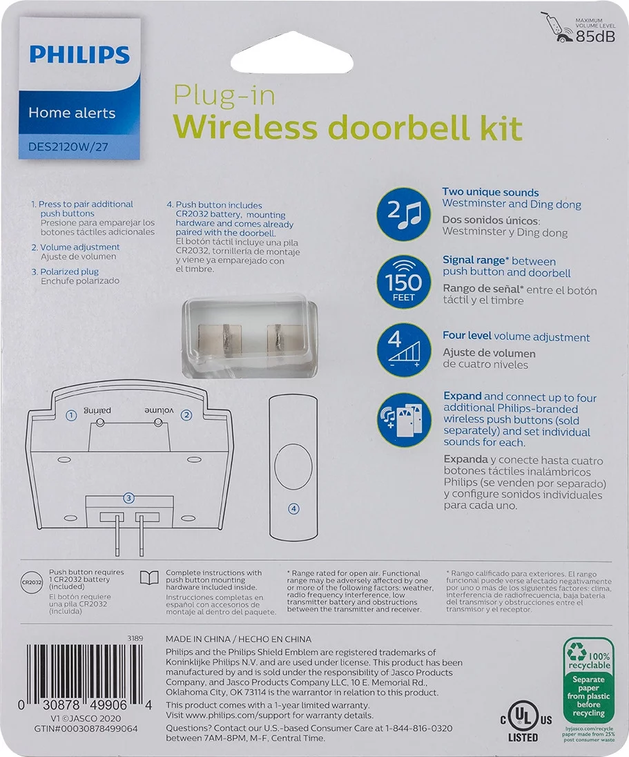 Philips Plug-in 2-Melody Doorbell Kit, White, DES2120W/27