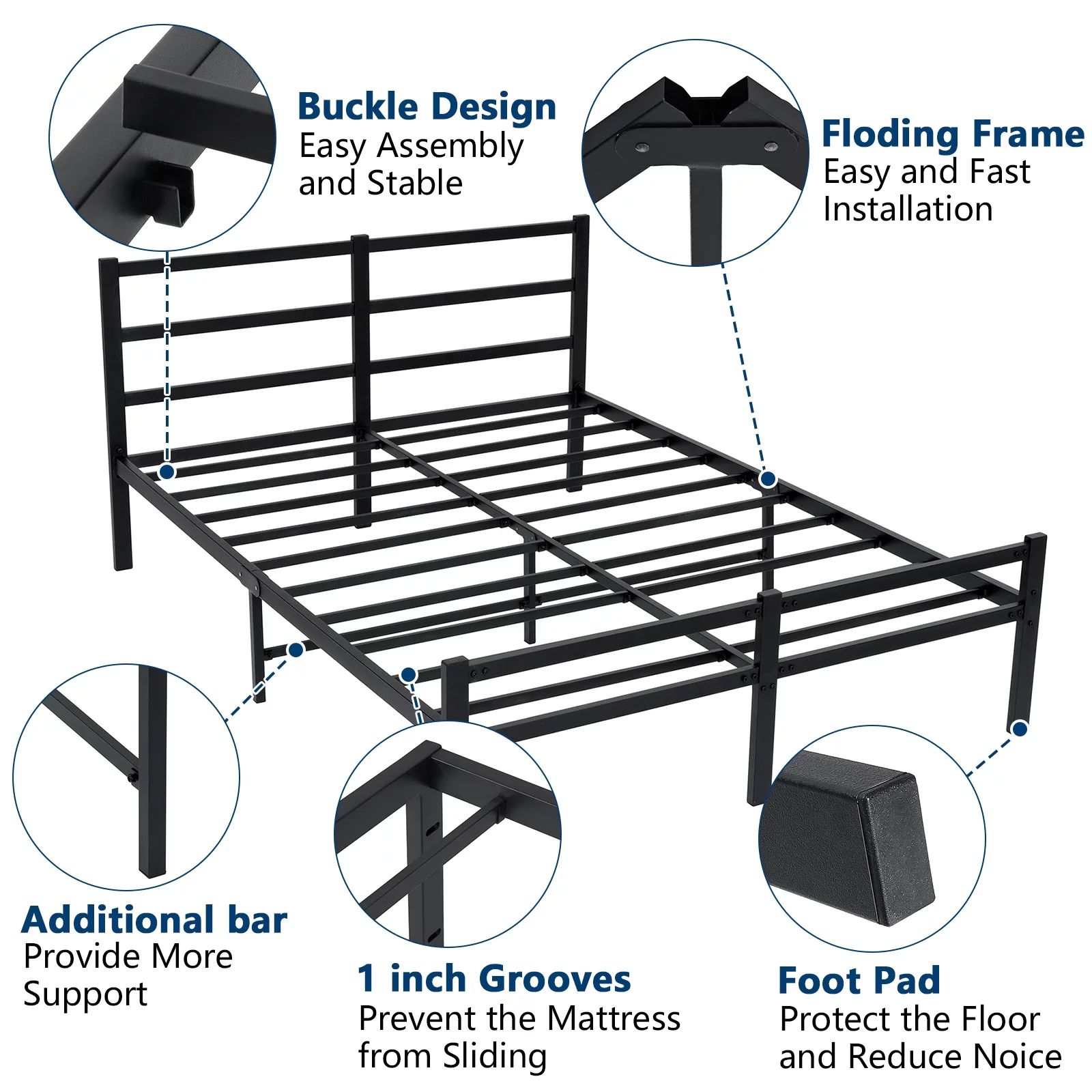 Lusimo King Bed Frame with Square Frame Headboard and Footboard 14 Inch Heavy Duty Metal Slat Mattress Foundation Bed Easy Assembly, Black