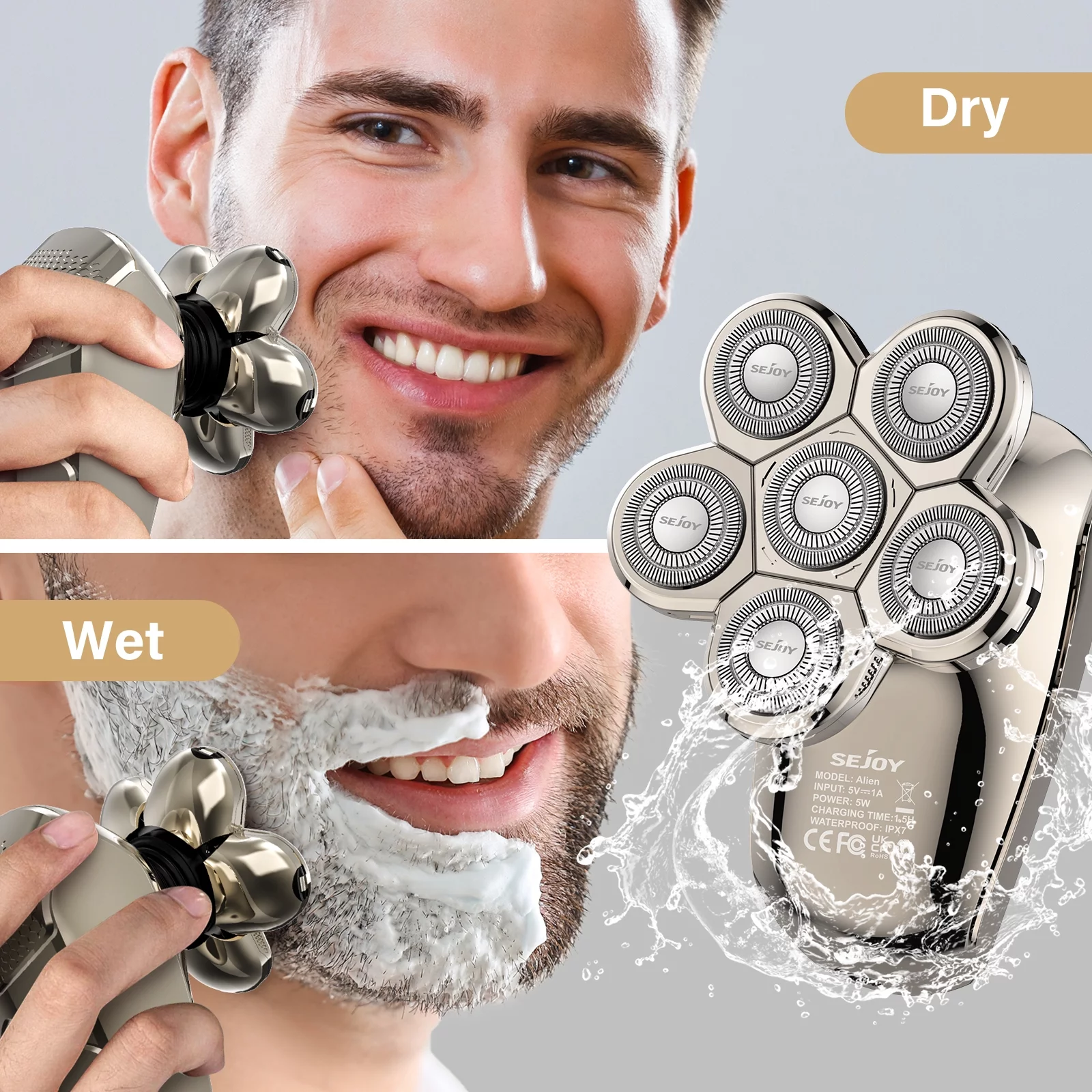 Sejoy 7D Head Shavers for Bald Men, Upgraded 5-in-1 Cordless Waterproof LED Display Electric Razor Grooming Kit