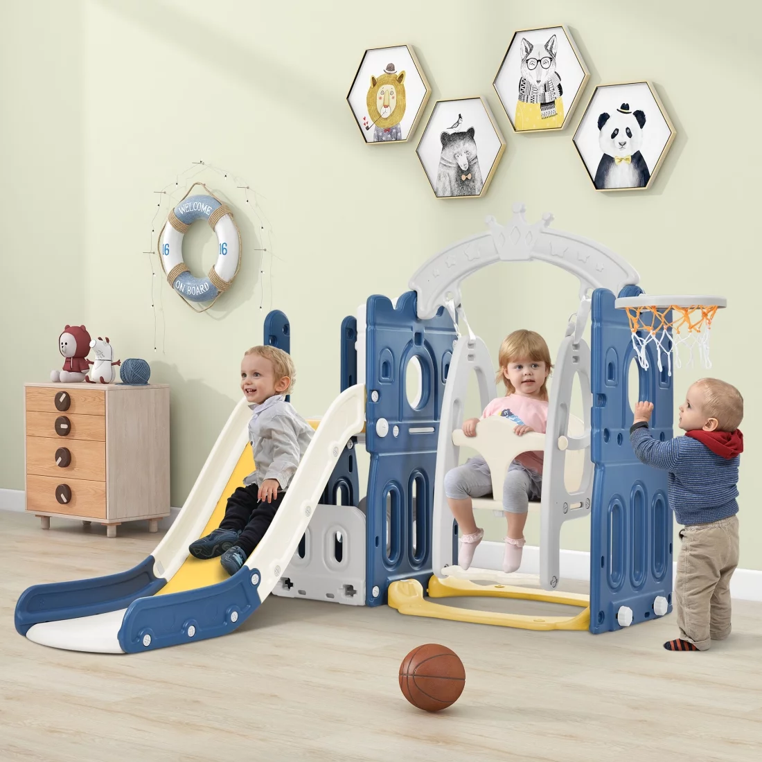 5-in-1 Toddler Slide and Swing Set, Indoor Outdoor Slide Climber Bus Playset with Basketball Hoop Freestanding Combination, Kids Playground Climber Slide Playset, Outdoor Playground Slide, Gray