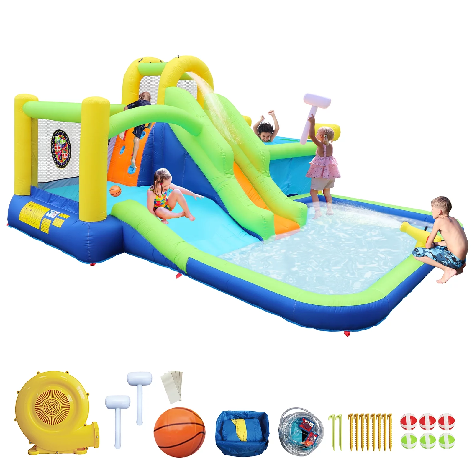 Track 7 Inflatable Water Park,7 in 1 Inflatable Bounce House Slide Long Slide Water Park with Whack a Mole Games & Splash Pool & Target Games & Water Gun & Climbing Wall & Basketball & Air Blower