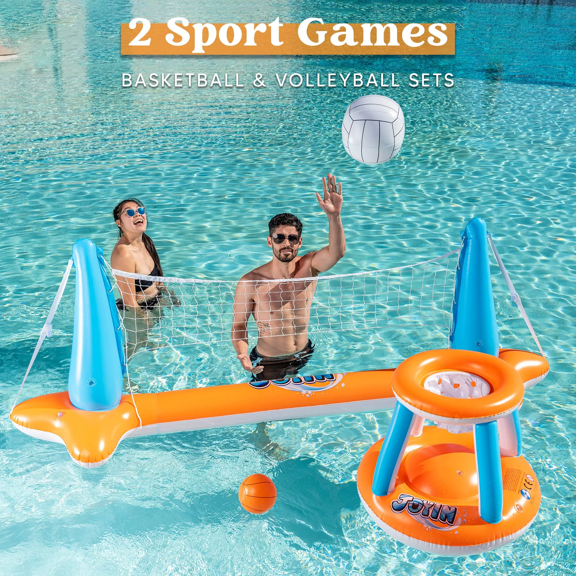 Joyin 2 Sets Inflatable Pool Game Float Set Volleyball Net & Basketball Hoops, Kids, Adult, Summer Floaties, Orange