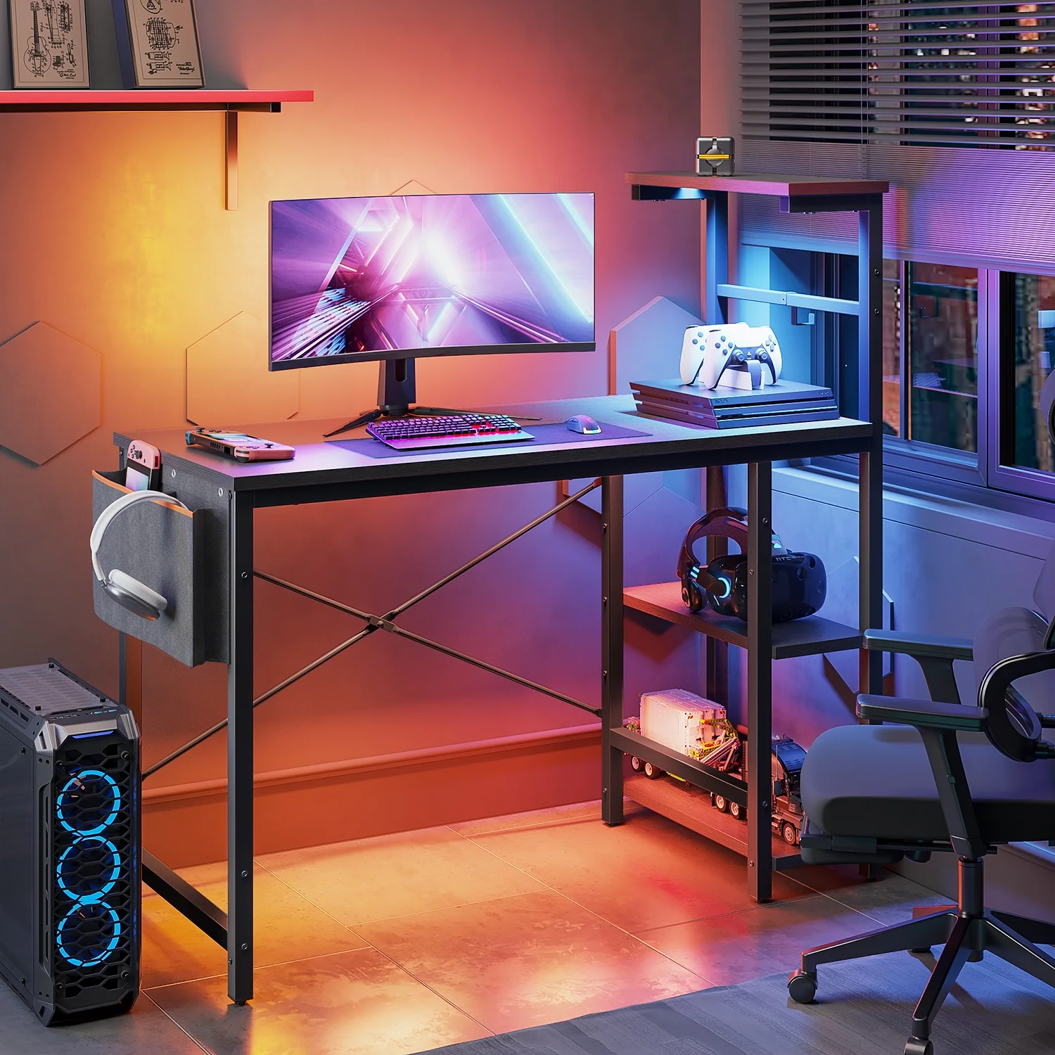 Bestier Reversible 44 inch Computer Desk with LED Lights Gaming Desk , 4 Tier Shelves Carbon Fiber