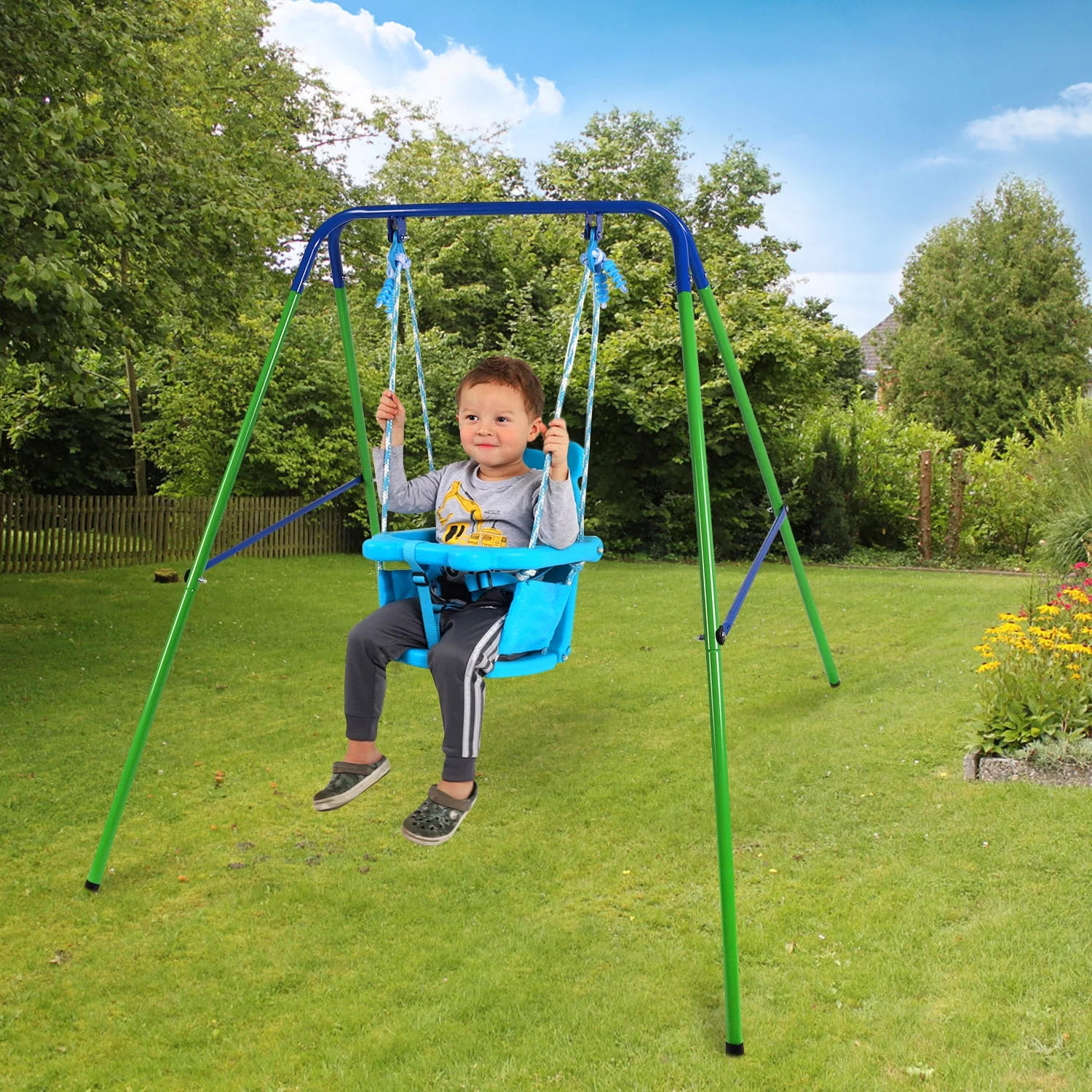 2-in-1 Toddler Swing Set and Baby Jumper for Backyard Outdoor Indoor, Safety Bouncer Seat and Foldable Metal Swing Stand