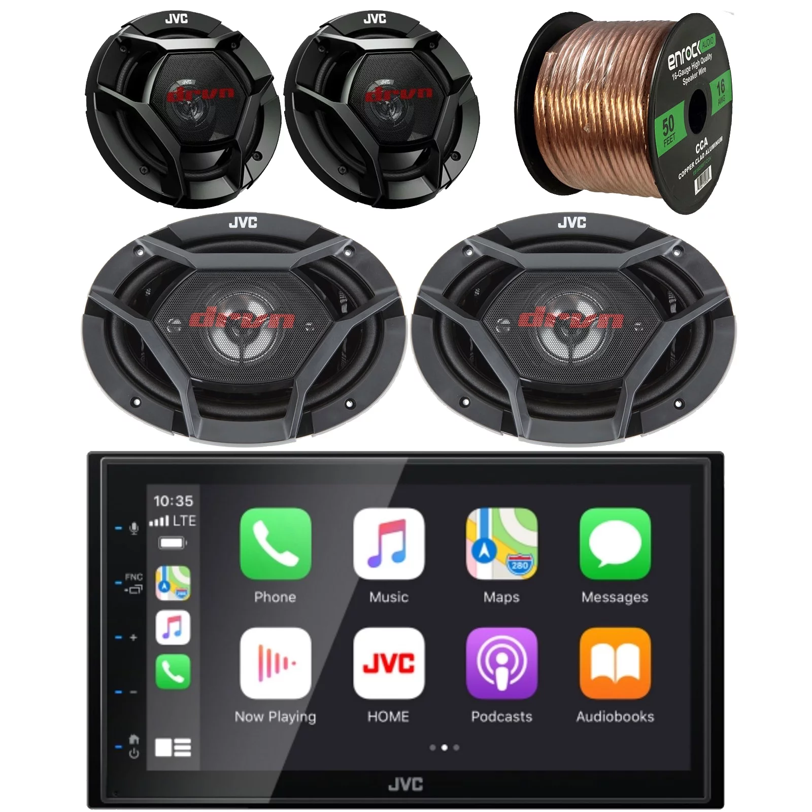 JVC Double DIN 6.8″ Touchscreen AM/FM Radio Digital Bluetooth USB Stereo Receiver Bundle with (QTY2) JVC 6.5″ 2-Way Coax 300W Speakers, (QTY2) JVC 550 Watt 6×9″ 4-Way Coax Speakers + Speaker Wire