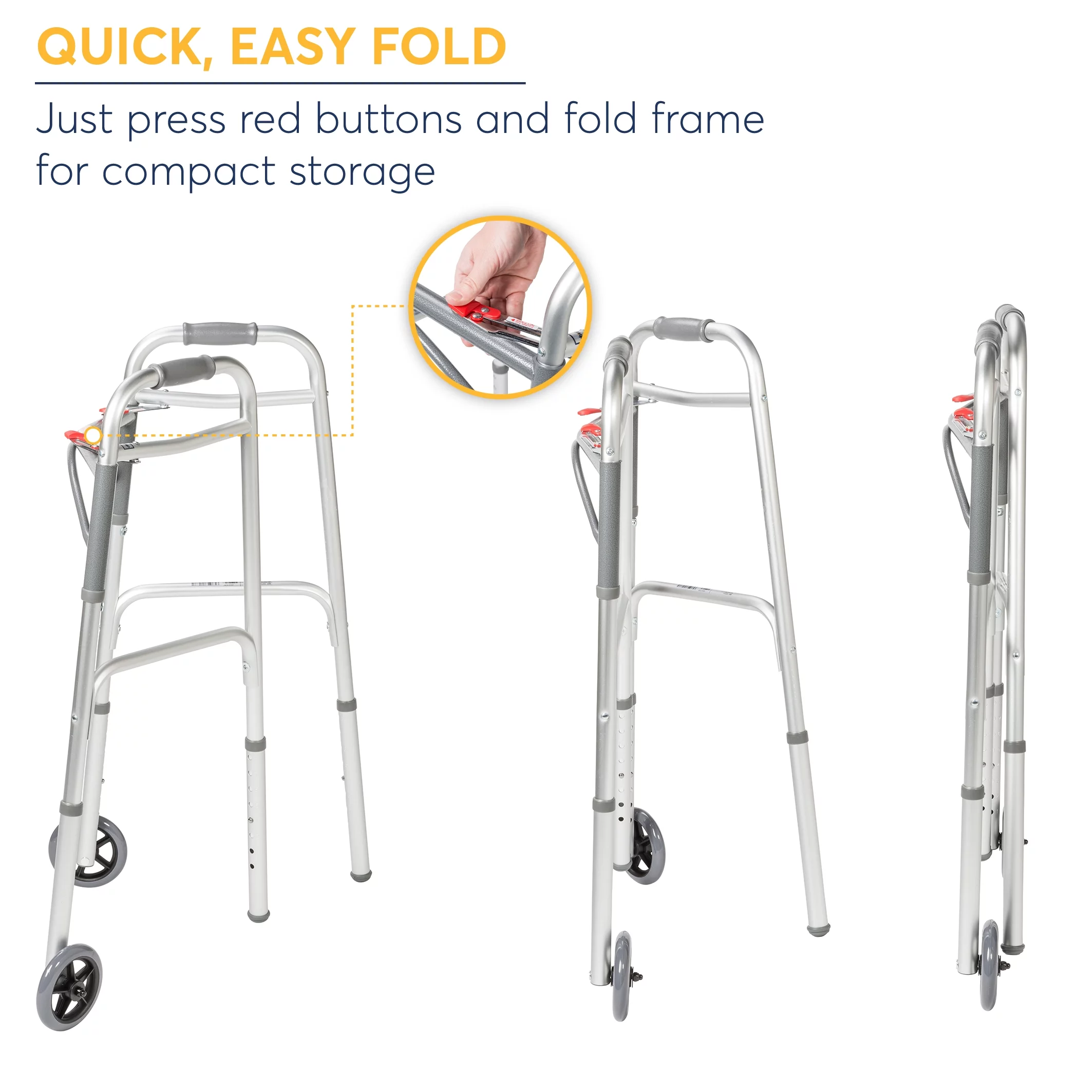 Drive Medical PreserveTech Deluxe Two Button Folding Walker with 5″ Wheels