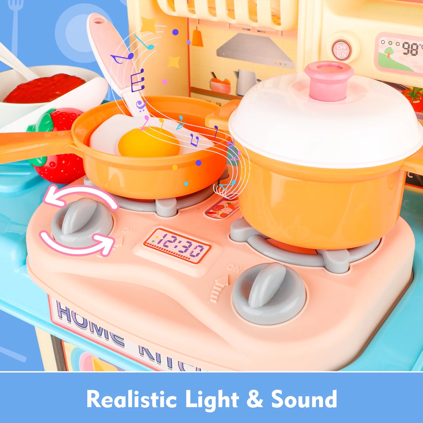 Beefunni Play Kitchen Set for Kids Girls Ages 3-6 Toys, Kids Kitchen Playhouse with Realistic Lights&Sounds, Birthday Christmas Gifts for Toddlers Girls.