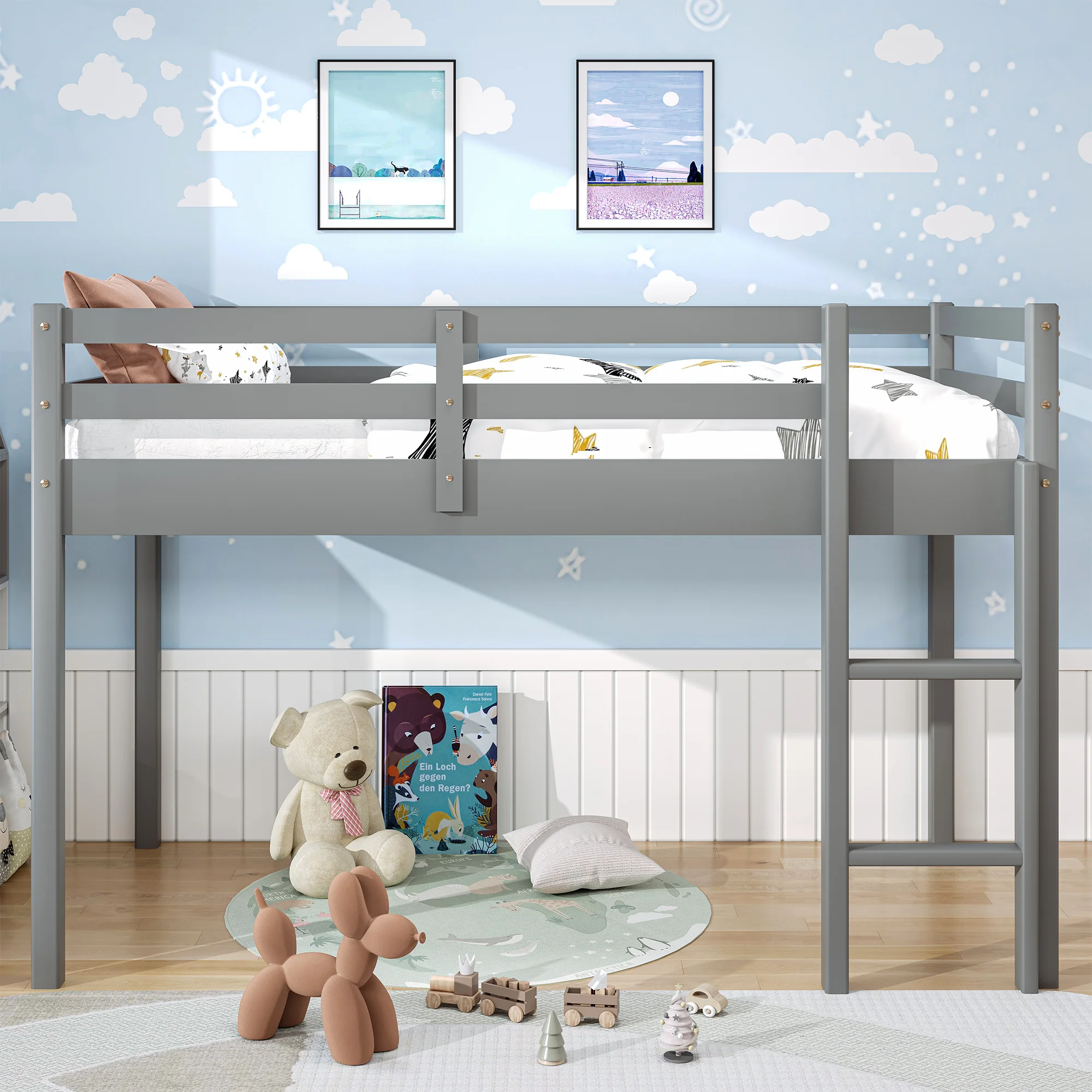 PAPROOS Twin Size Loft Bed, Solid Wood Loft Bed Frame with 14 Wooden Slats, Modern Low Loft Bed for Kids Boys Girls, No Box Spring Needed, White