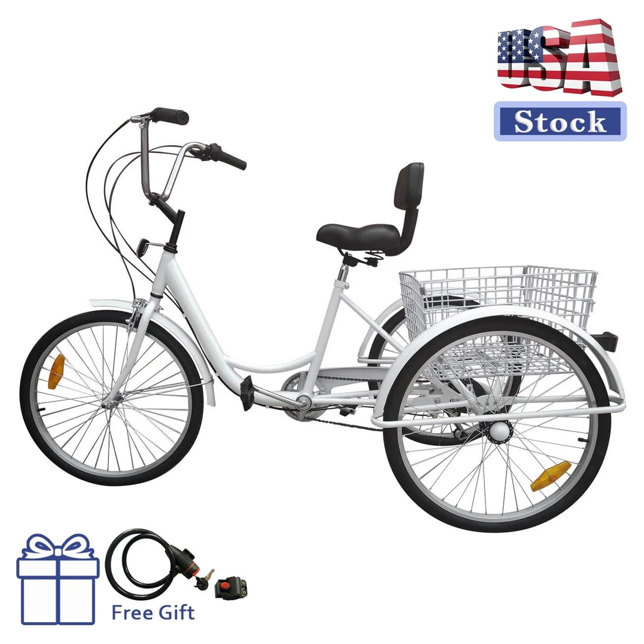 Motor Genic Unisex 7-Speed 24″ Adult 3-Wheel Tricycle Cruise Bike With Basket Women Trike Bycicle White