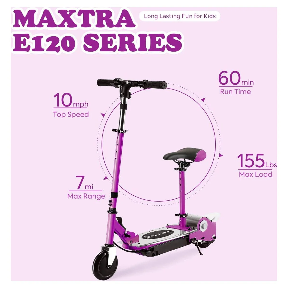 Maxtra E120 Electric Scooter with Removable Seat, Adjustable Height for Kids Ages 6-12, 60 Mins Long Battery Life, Blue