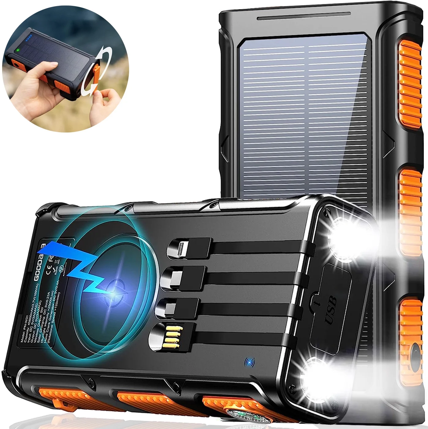 GOODaaa 36000mAh Solar Power Bank Battery Pack Qi Wireless, Portable Solar Charger with 4 Cables