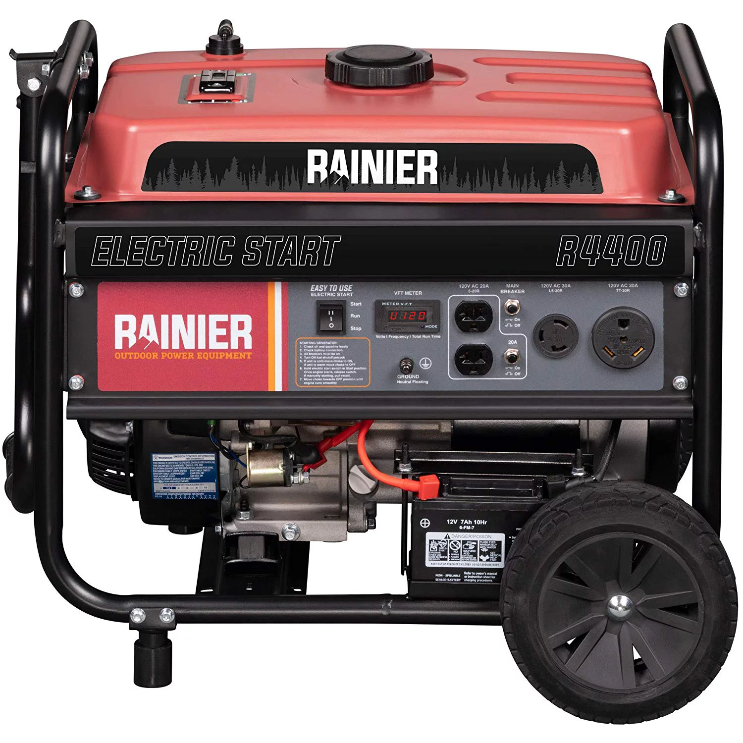 Rainier 4400 Peak Watt Portable Gas Generator with Electric Start and RV Ready Outlet