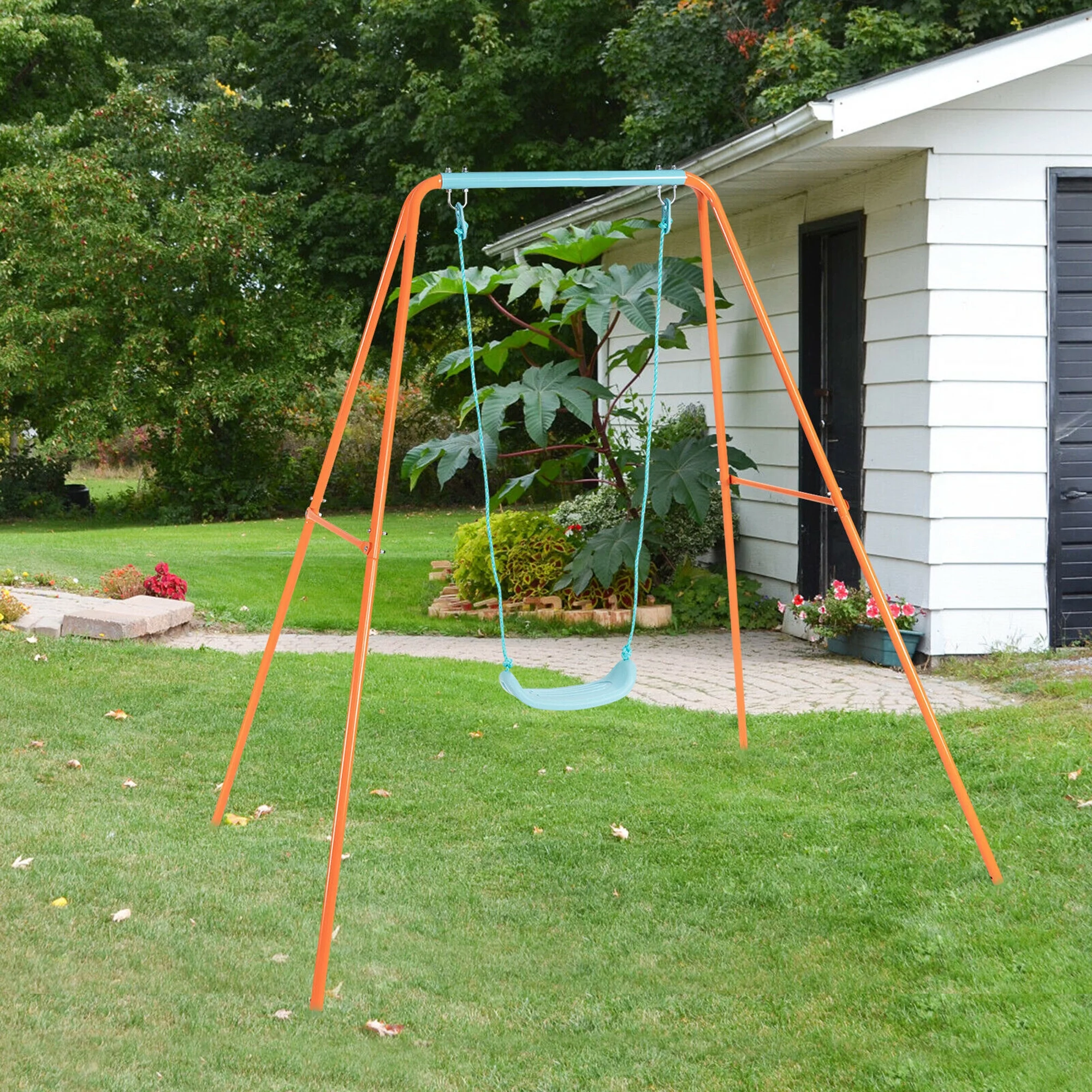 Gymax Outdoor Kids Swing Set Heavy Duty Metal A-Frame w/Ground Stakes Orange