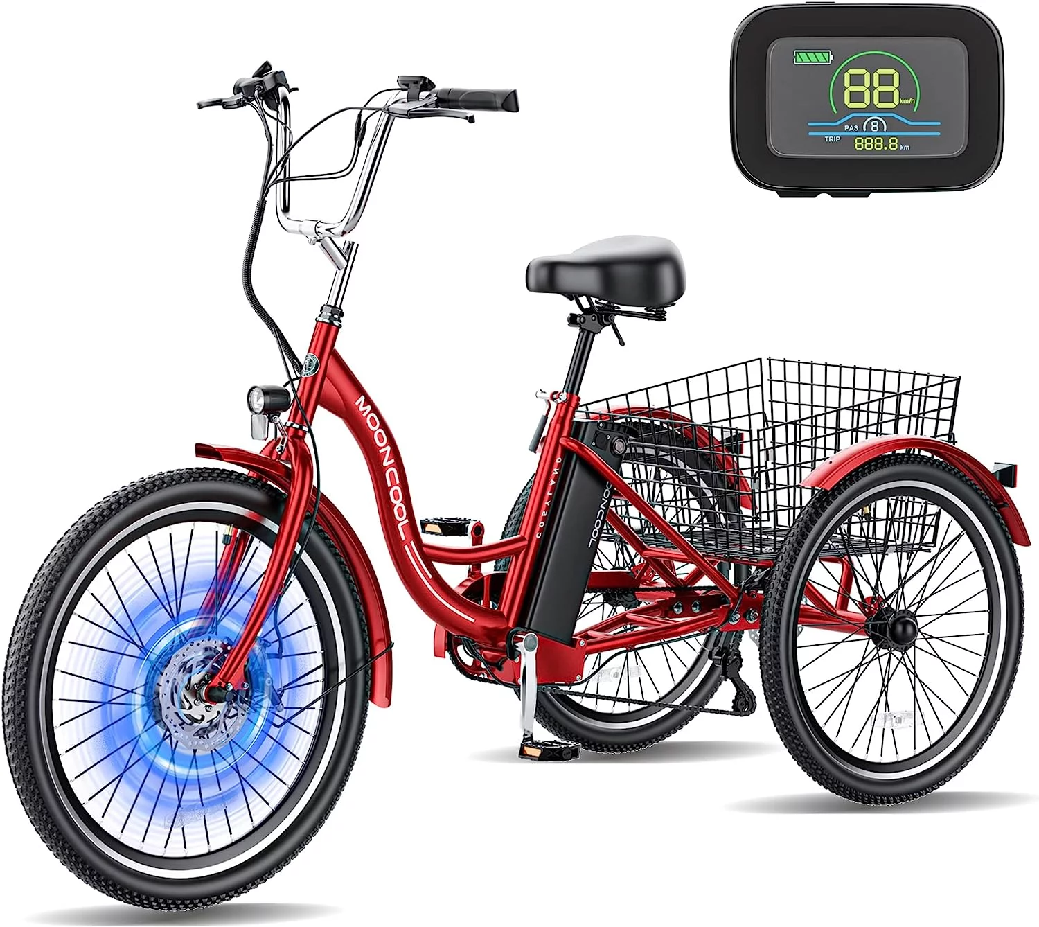 MOONCOOL Electric Tricycle, 350W 36V 24 Inches 7 Speeds 3 Wheels Electric Bikes for Adults, Motorized Electric Trike Three Wheel Electric Bicycle