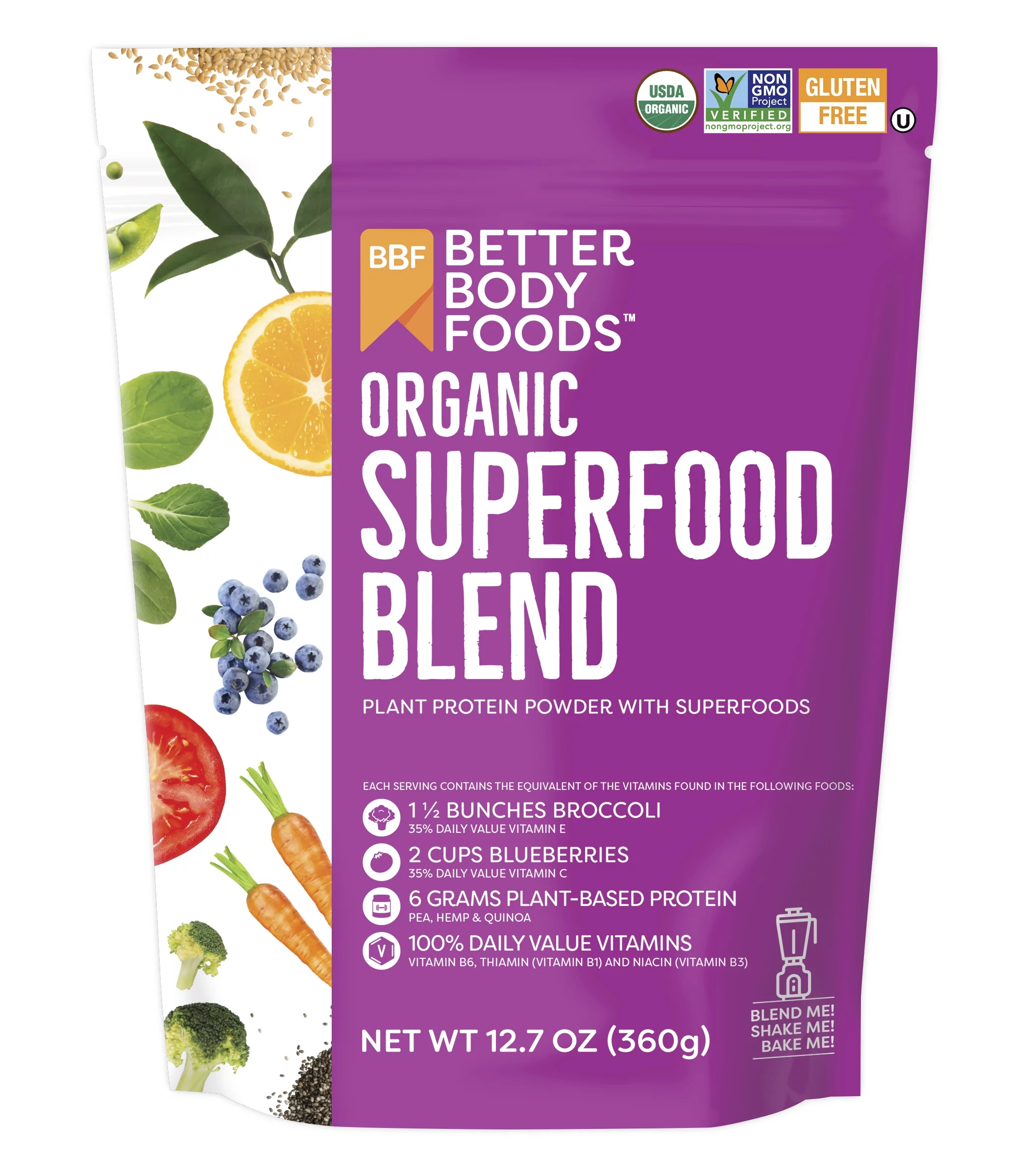 BetterBody Foods Organic Superfood Blend, Plant Protein Powder, 12.7 oz