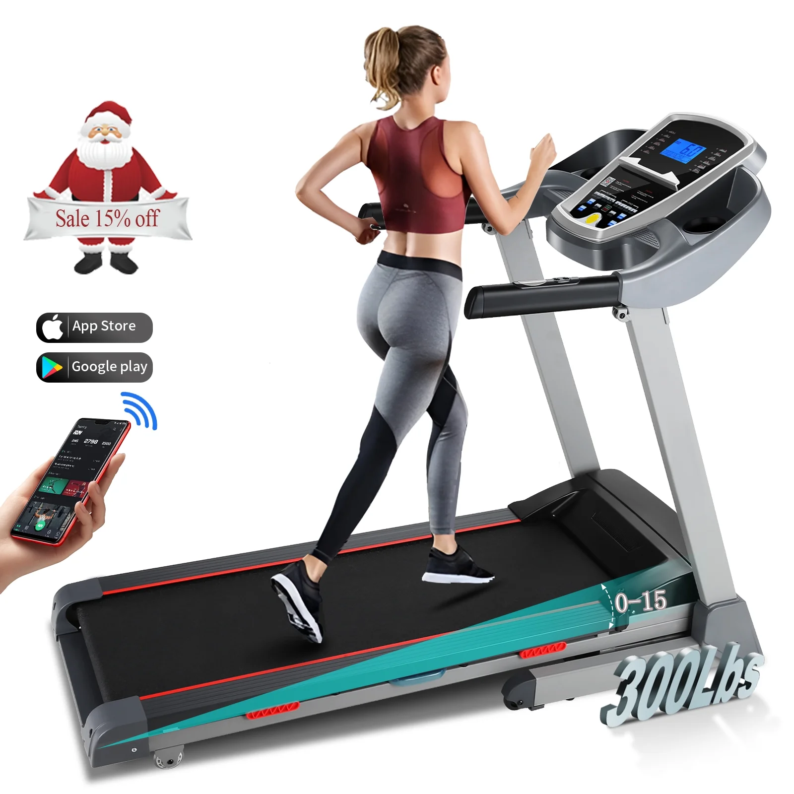 Treadmill with 15-level Auto Incline, 300LBS Electric Treadmill for Home Gym Cardio Training, 3.25HP Running Machine Home Exercise, Smart APP & Audio Speakers, LED