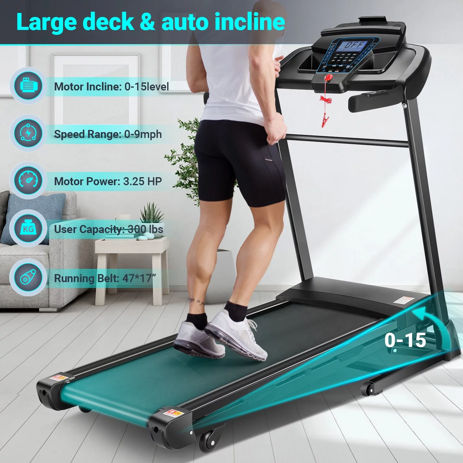 Treadmill with Auto Incline, Treadmill 300 lb Capacity with APP & Bluetooth Audio Speakers, 3.25HP Ultra-Quiet & Wide Electric Walking Running Machine for Home/Gym Cardio Use