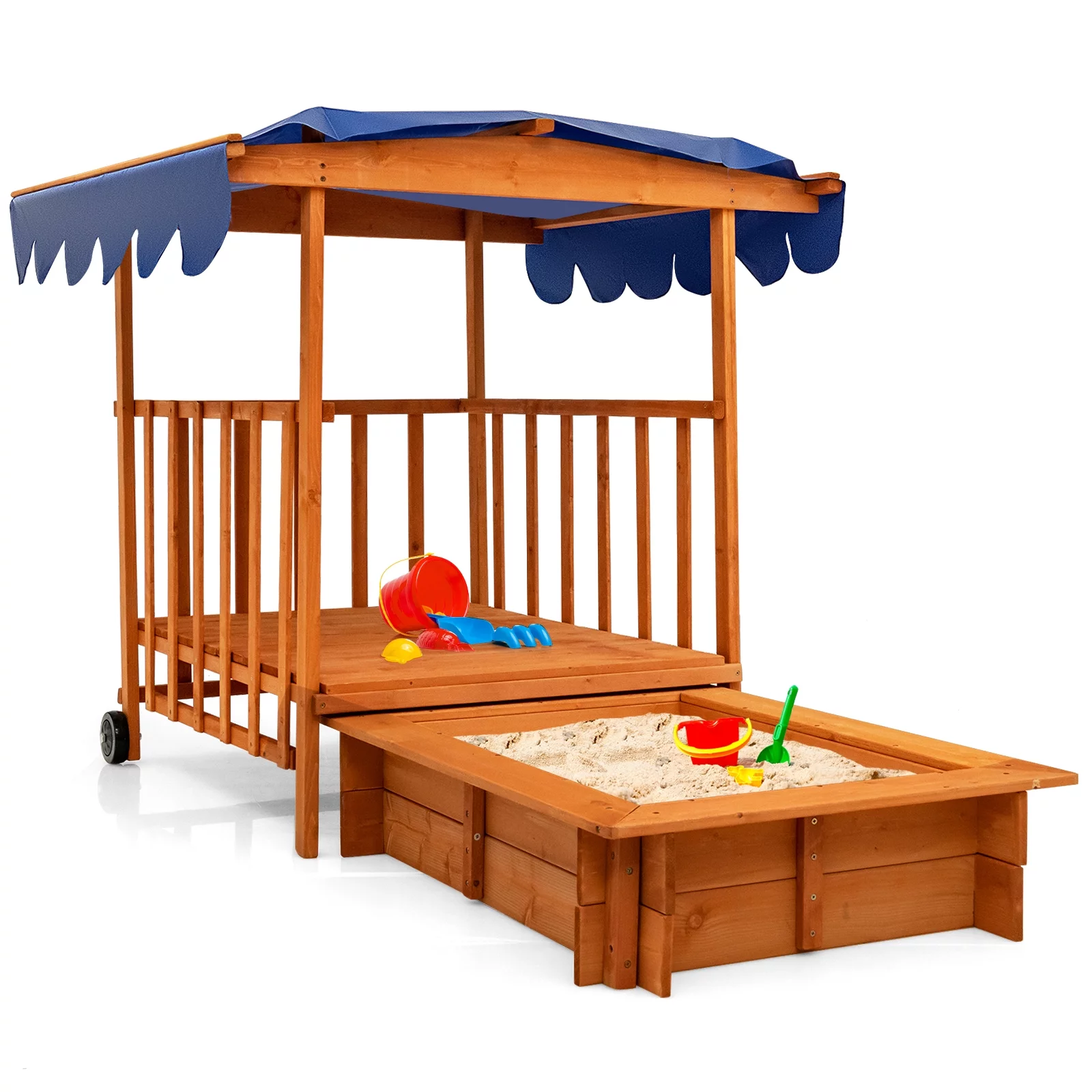 Infans Wooden Retractable Sandbox with Cover & Built-in Wheels Kids Outdoor Playhouse