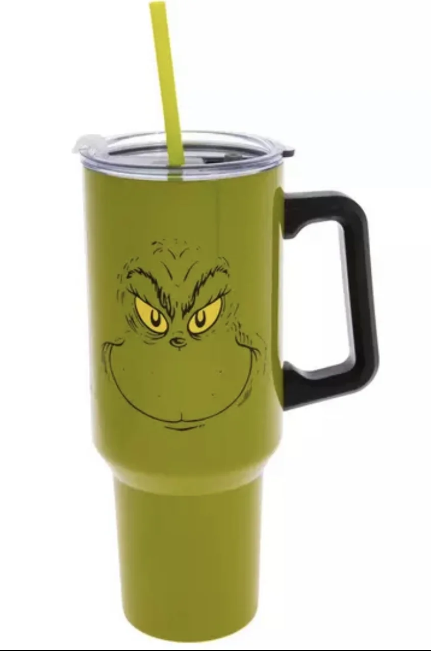 Dr Seuss Grinch Stainless Steel Tumbler with Straw 40 OZ Green Christmas water mug 10″