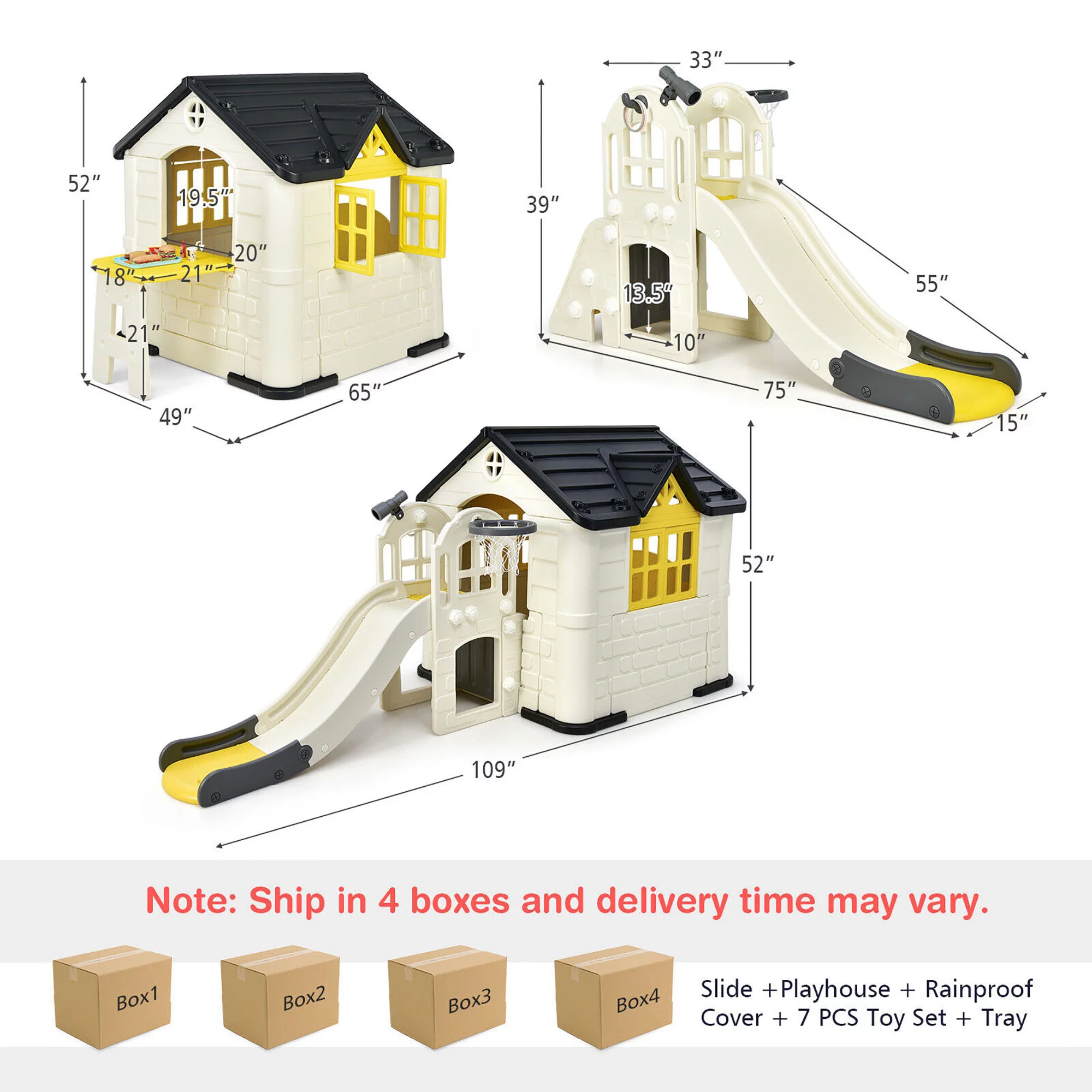 Gymax Outdoor Play house and Slide Set for Kids w/ 7 PCS Toy Set & Waterproof Cover Yellow