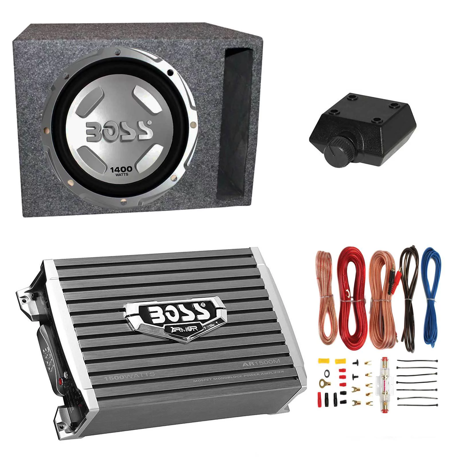 Boss Audio 12″ 1400W Subwoofer, 1500W Amplifier w Amp Kit & QPower 12″ Enclosure