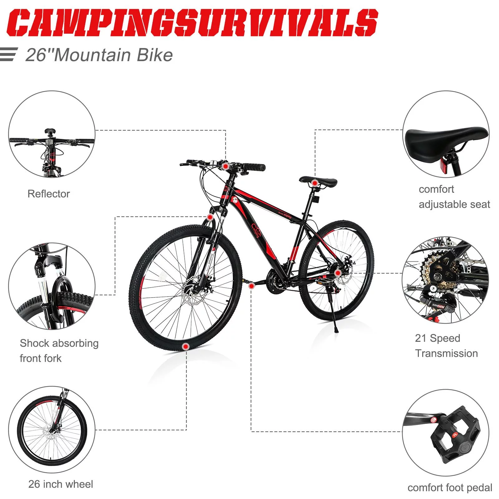 Campingsurvivals 26″ Lightweight Explorer Mountain Bike, for Men and Women Exercise Fitness, 21-Speed, Red/Black