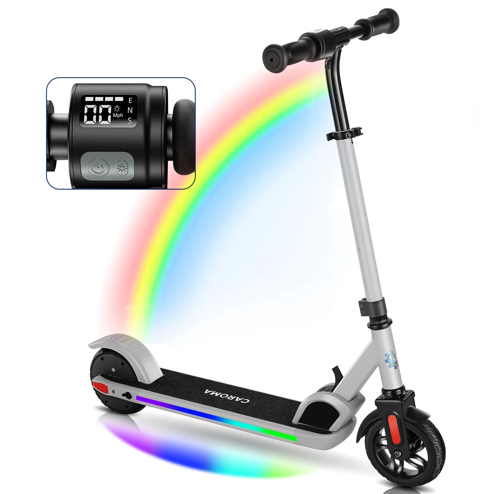 CAROMA Electric Scooter for Kids Ages 8-12, 150W Motor, Up to 10 MPH & 7 Miles, Lightweight Foldable Electric Kick Scooter for Boys and Girls, Colorful Lights, Adjustable Speed and Height