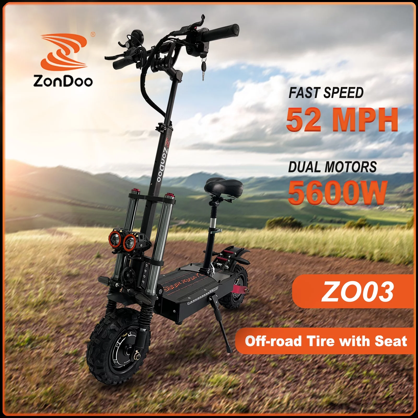 ZonDoo ZO03 Plus 11″ Off-Road Tires with Seat  Electric Scooter Adults, 52 MPH 60 Miles Long Range,  5600W Dual Motors  for Heavy Duty Adults