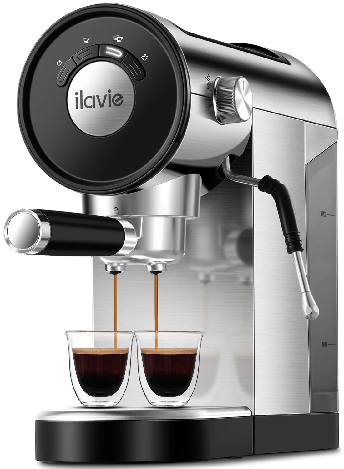 ILAVIE Espresso Machine Steel Silver, 20 Bar Coffee Espresso Maker with Milk Frother Steam Wand, 1L Water Reservoir, New