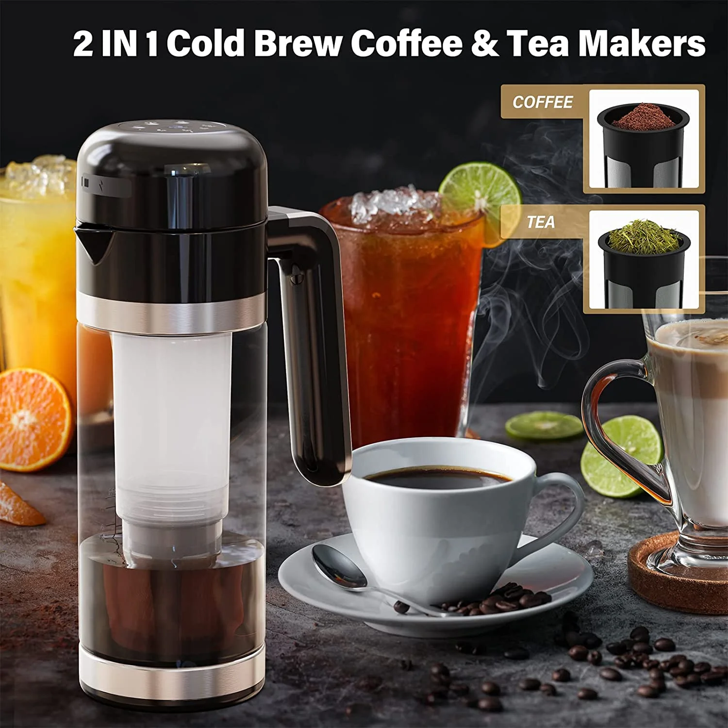 Cold Brew Maker, Electric Tea and Coffee Brewer 15 Minutes, Cold Brewer Drink with Built-in Battery Portable for Outdoor Use,Tea Brewer with Customized Mode,Black Cover and Glass Cup