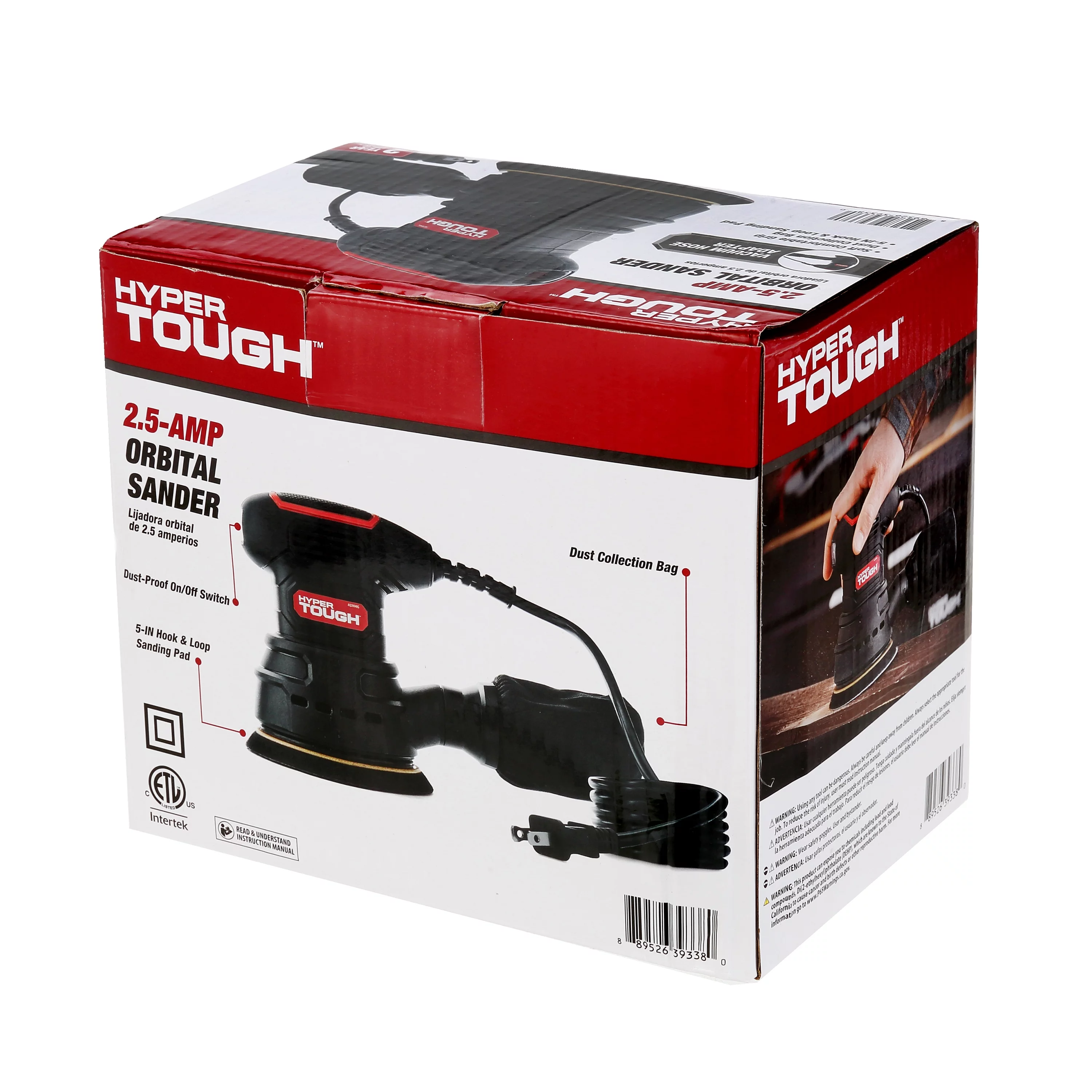 Hyper Tough 2.5 Amp Corded 5 inch Orbital Sander with Dust Bag, Vacuum Hose Adapter & 3 Sanding Sheets (60, 80, & 120 Grit)