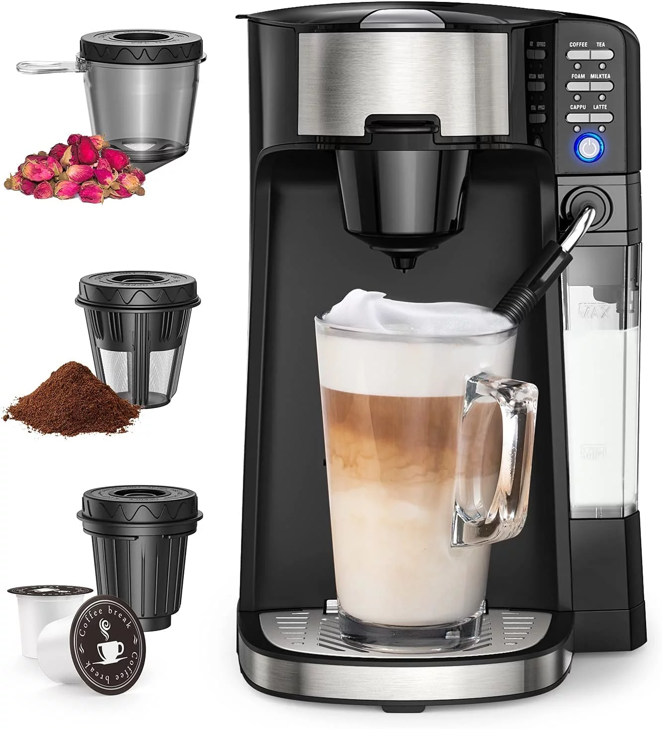 durable 6-In-1 Coffee Maker with Auto Milk Frother Single Serve Coffee Tea Latte and Cappuccino Machine Compatible With Capsule & Ground Coffee Compact Coffee Maker