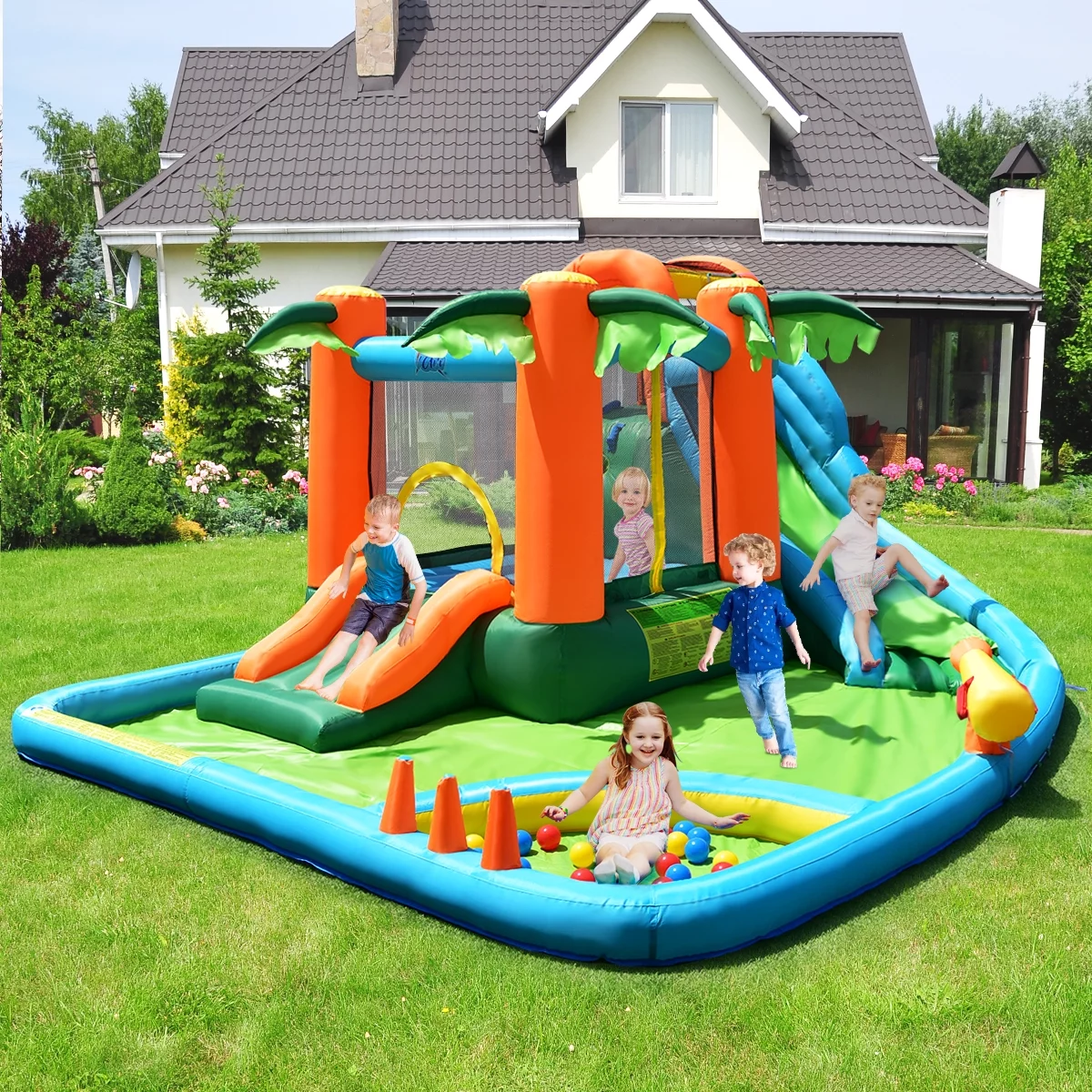 Costway Inflatable Bounce House Kids Water Splash Pool Dual Slide Jumping Castle w/ Bag