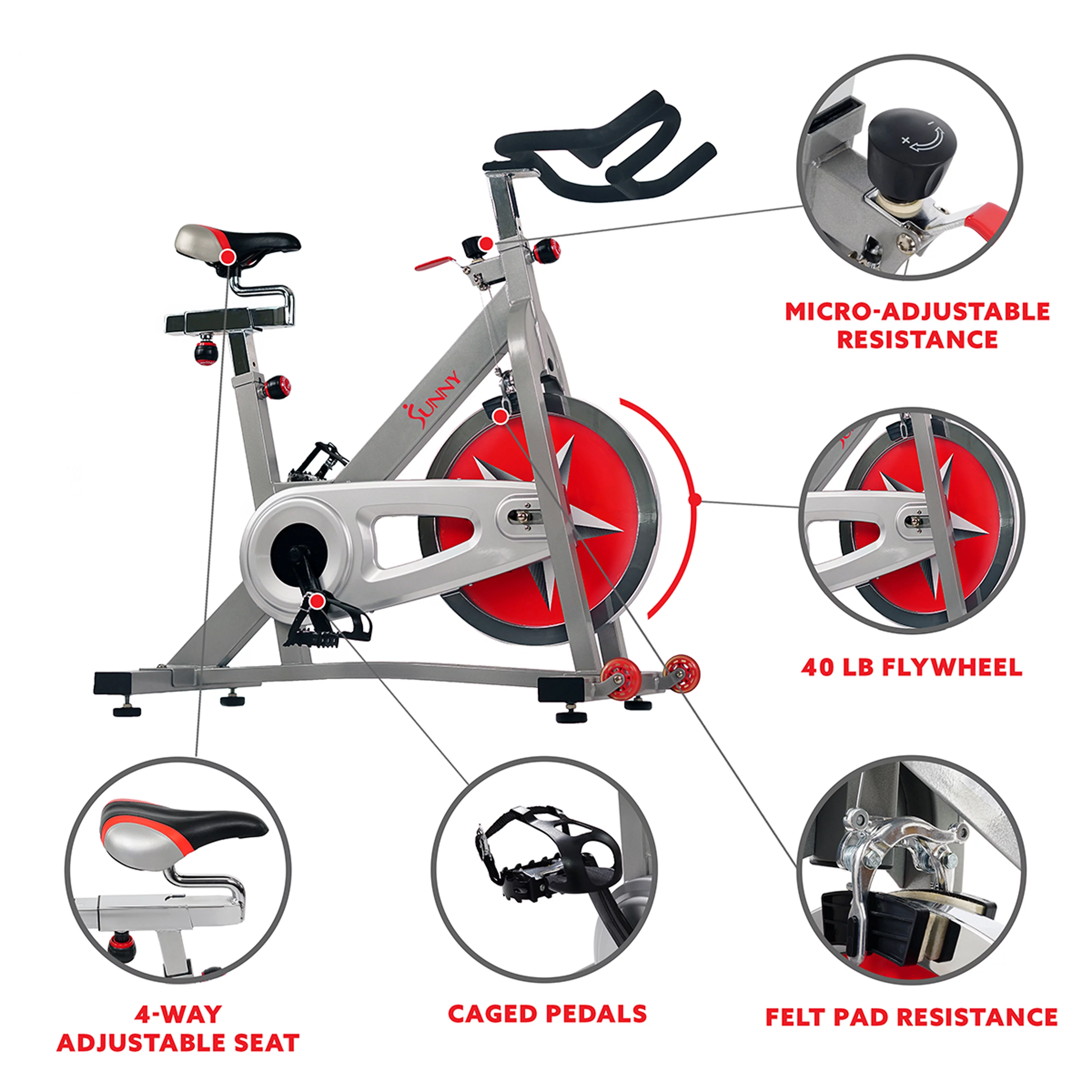 Sunny Health & Fitness Stationary Chain Drive 40 lb Flywheel Pro Indoor Cycling Exercise Bike Trainer, Workout Machine, SF-B901