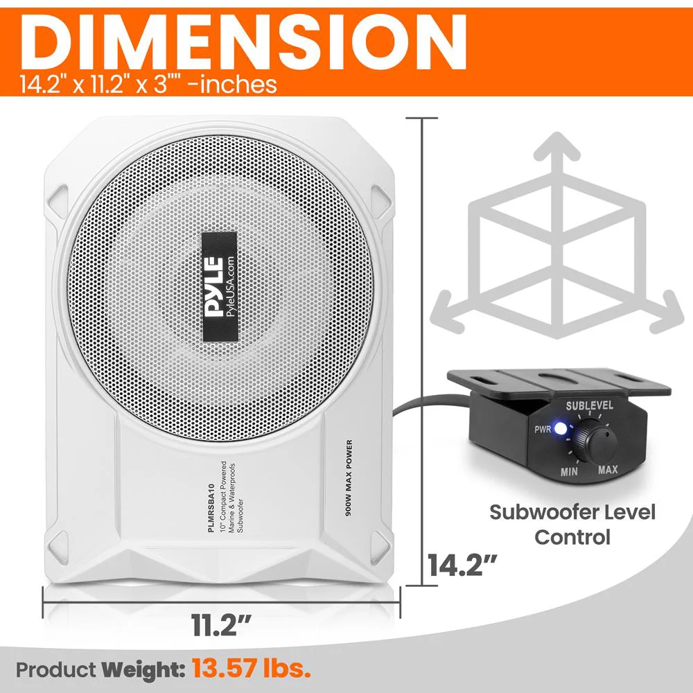 Pyle 10-Inch Low-Profile Amplified 900 Compact Enclosed Active Marine Under seat Car Subwoofer