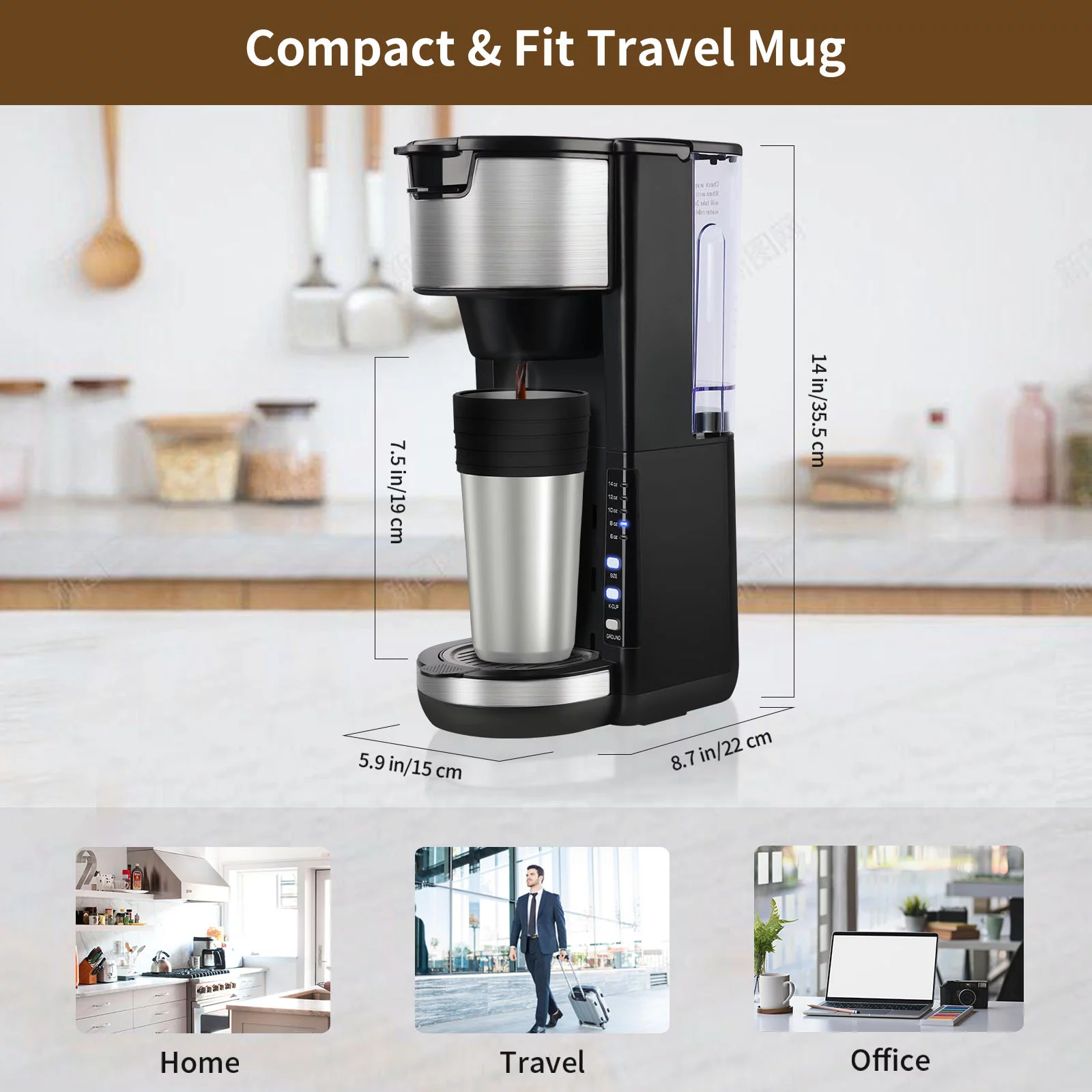 Single Serve Coffee Maker K Cup & Ground Coffee, One Cup Coffee Maker Brews 6-14 Oz in 2 Mins, Pod Coffee Maker Fits Travel Mugs, with 30 Oz Removable Water Tank, Reuseable Filter, Black