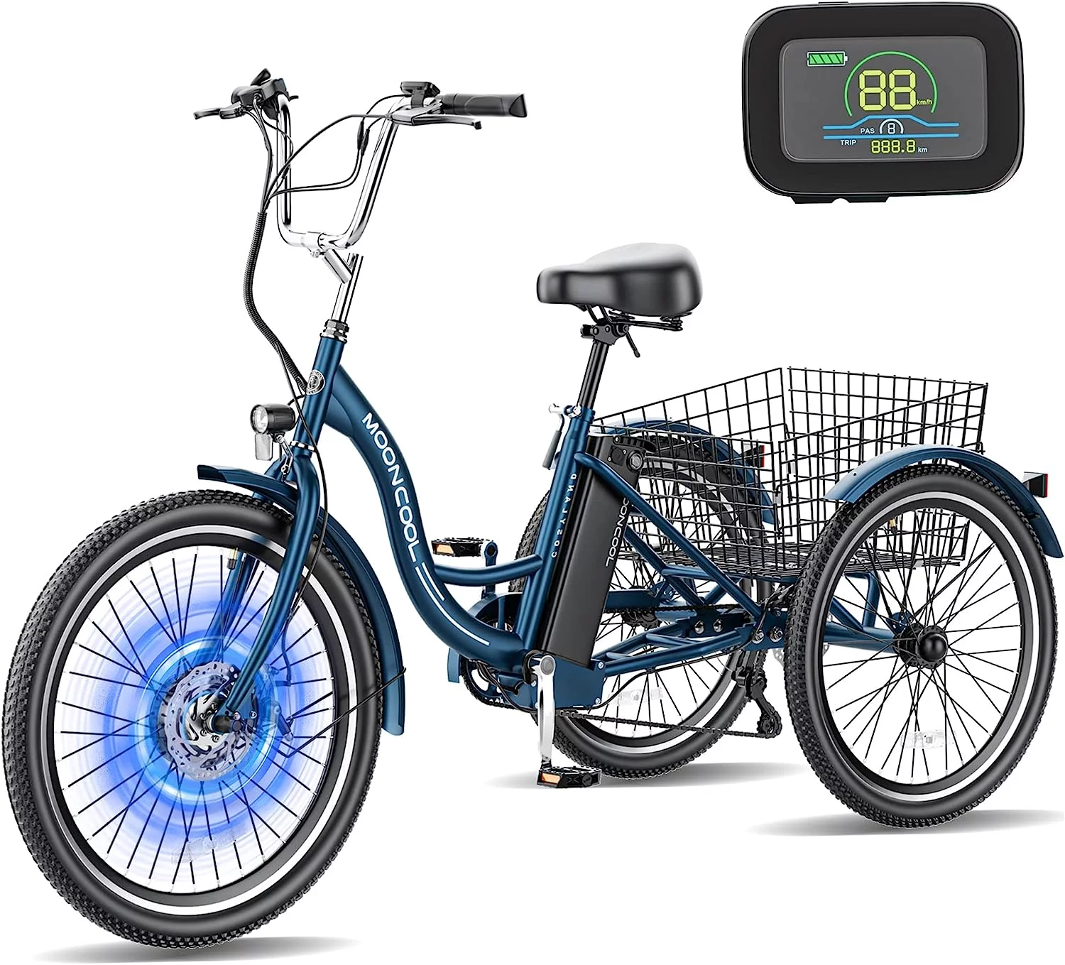 MOONCOOL Electric Tricycle, 350W 36V 24 Inches 7 Speeds 3 Wheels Electric Bikes for Adults, Motorized Electric Trike Three Wheel Electric Bicycle