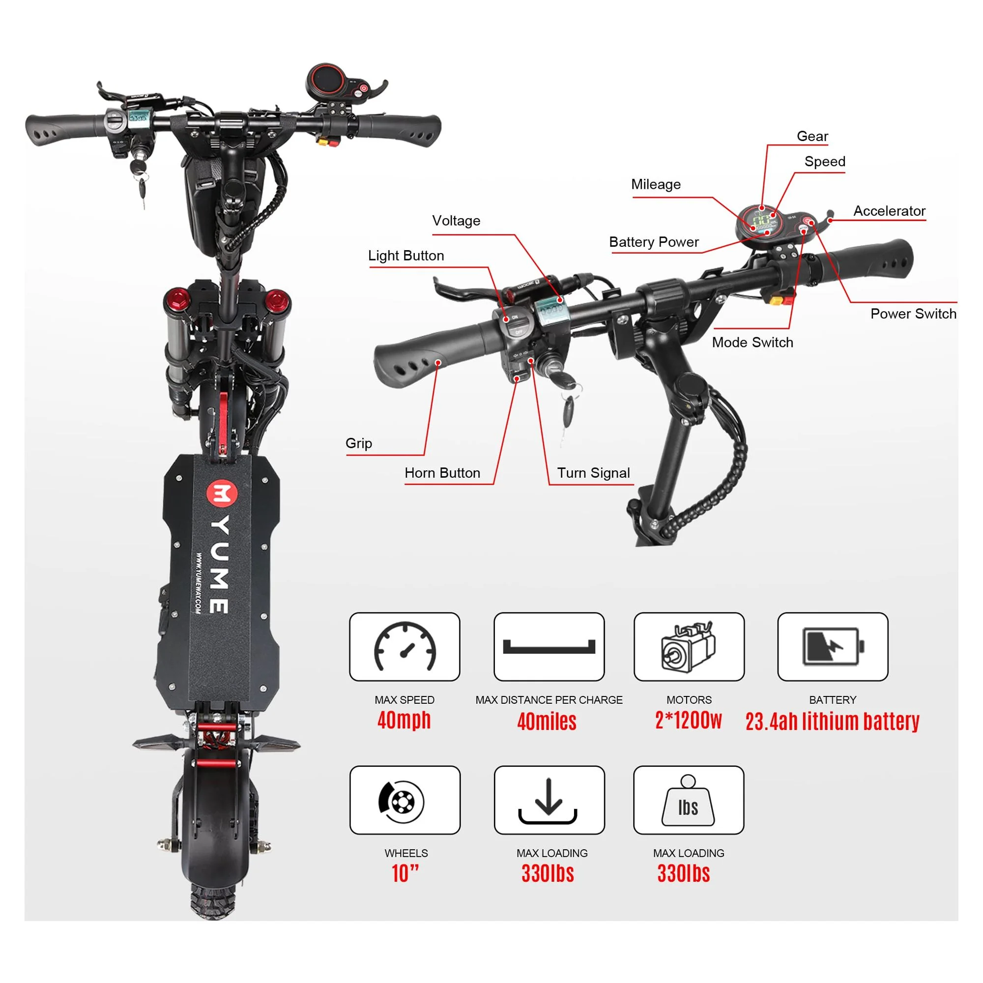 M YUME SCOOTER Y10 Electric Scooter for Adults 2400W Dual Motor, 40 Miles Rang & 40 mph,10” off-road Tire, Dual Brakes