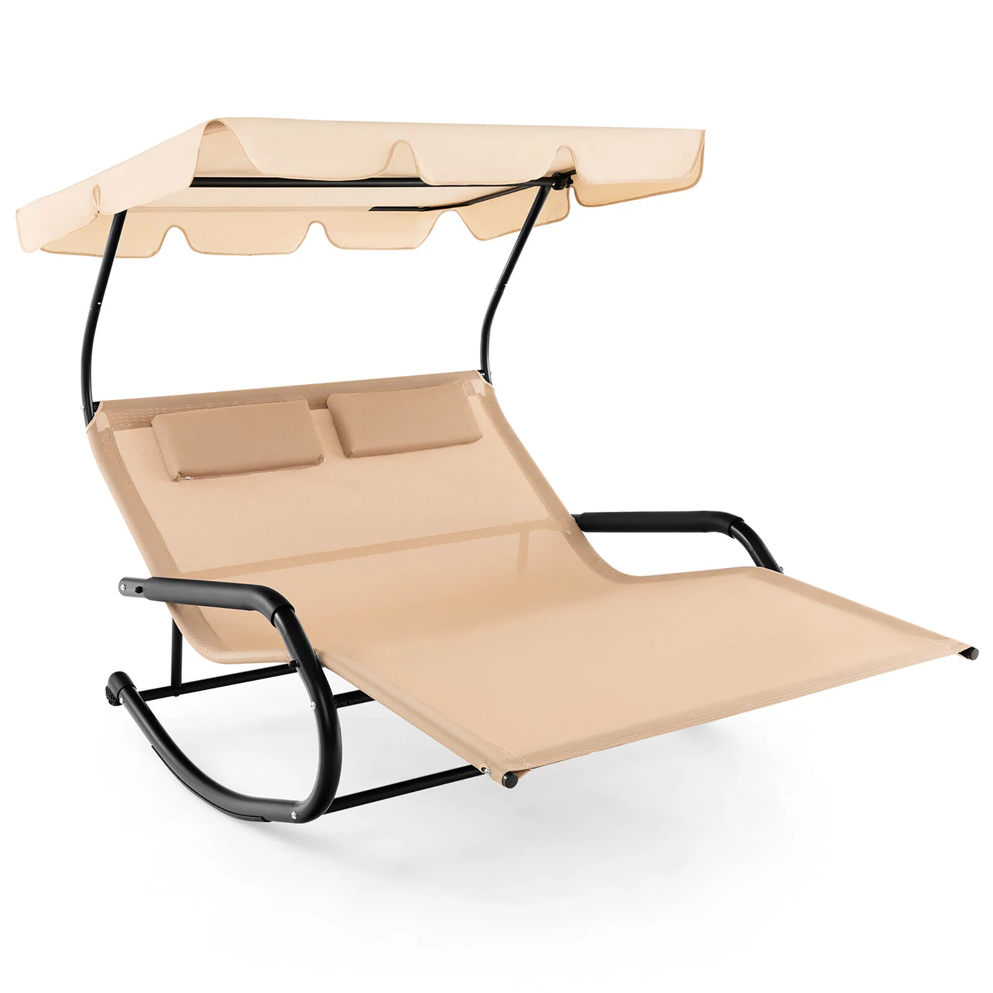 Gymax Outdoor 2-Person Double Rocking Chaise Lounge w/ Canopy & Wheels Metal Frame