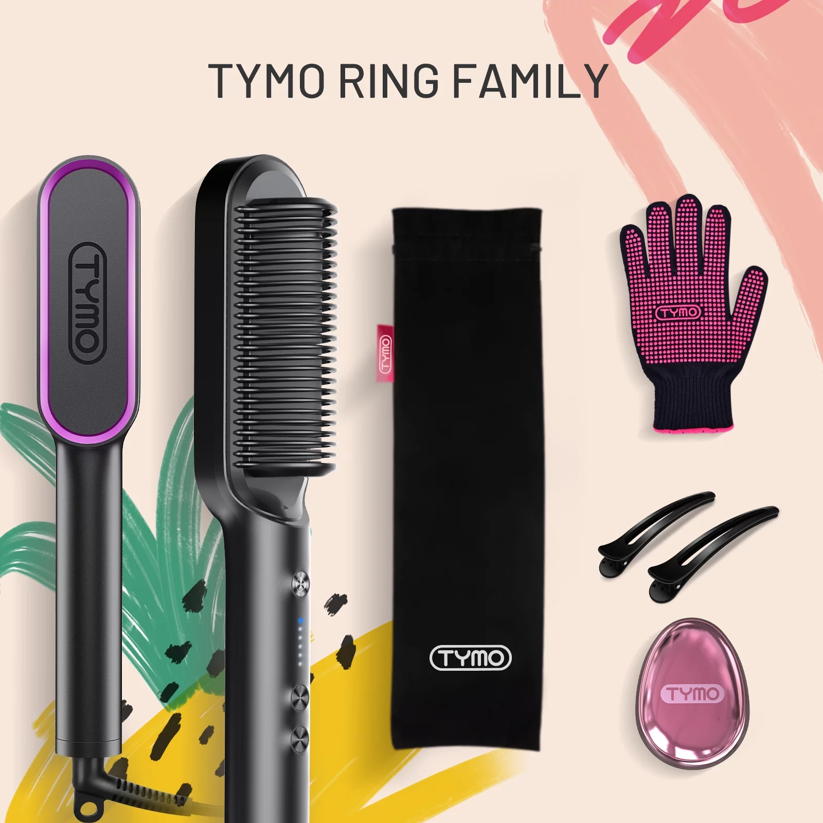 TYMO RING Hair Straightener Brush Black ?C Hair Straightening Iron with Built-in Comb, 20s Fast Heating & 5 Temp Settings & Anti-Scald