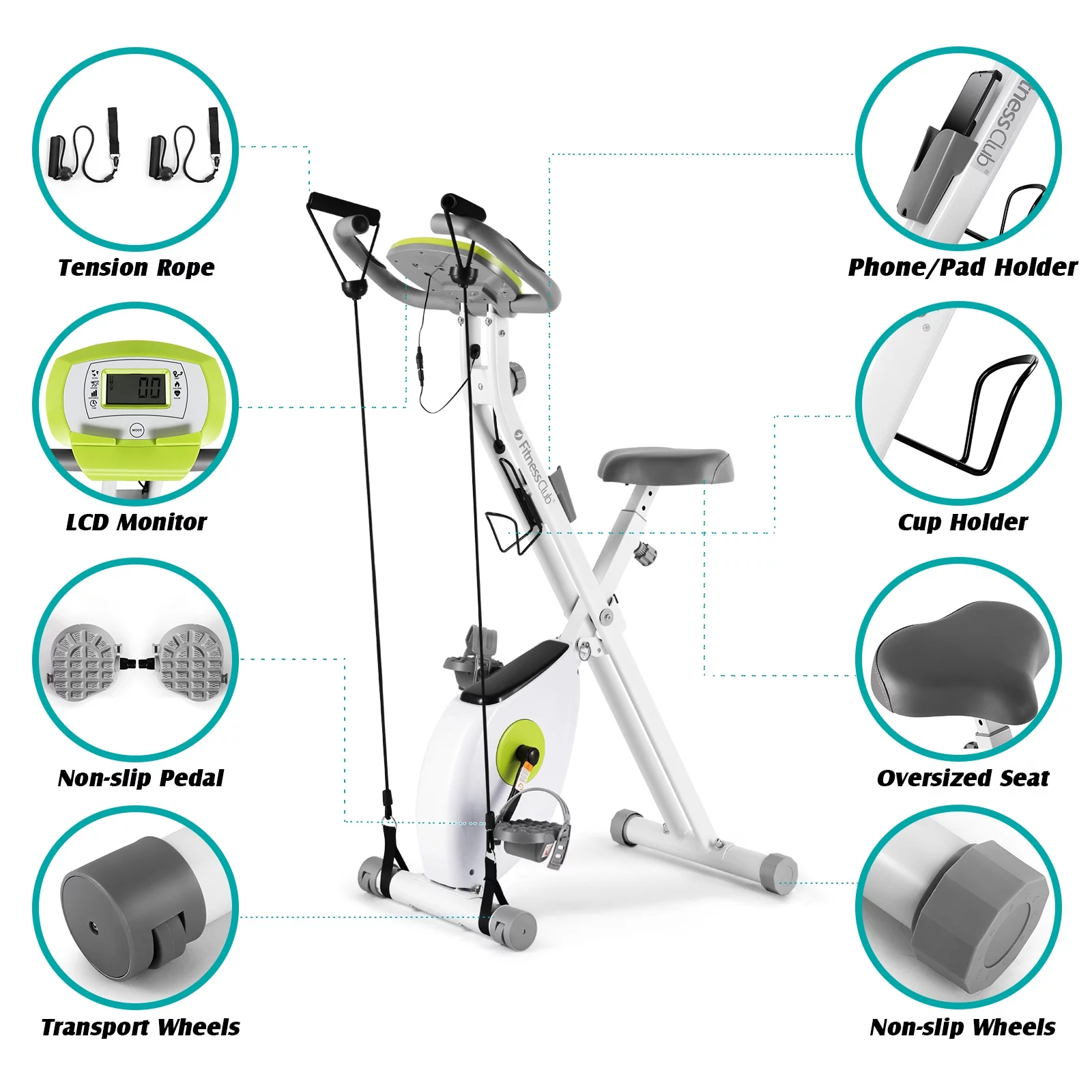 FitnessClub Folding Upright Cycling Exercise Bike Magnetic Resistance Stationary (Green)