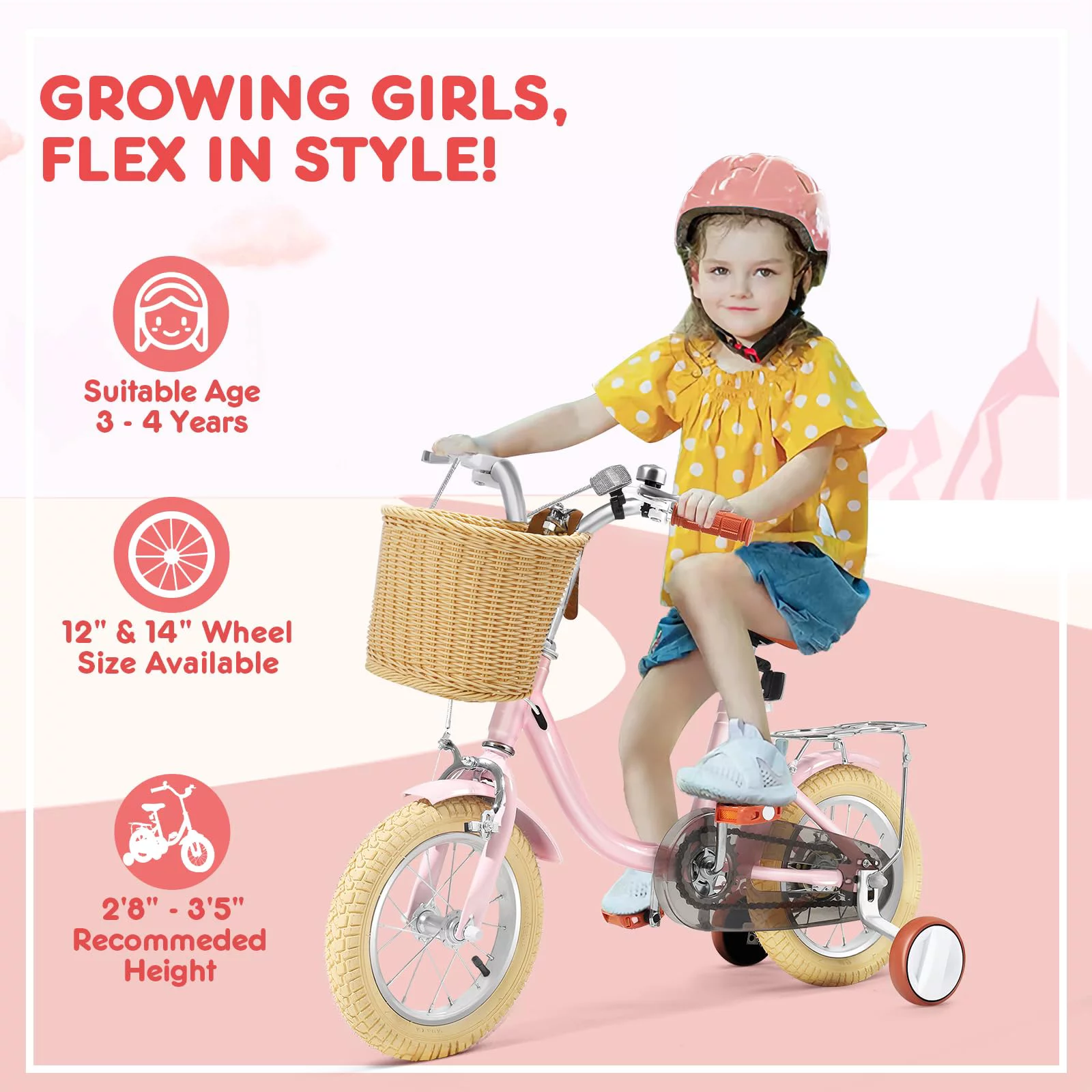 HARPPA Kids Bike for Girls Aged 3-5, 12 Inch Girls Bike with Training Wheels & Handbrake, Pink