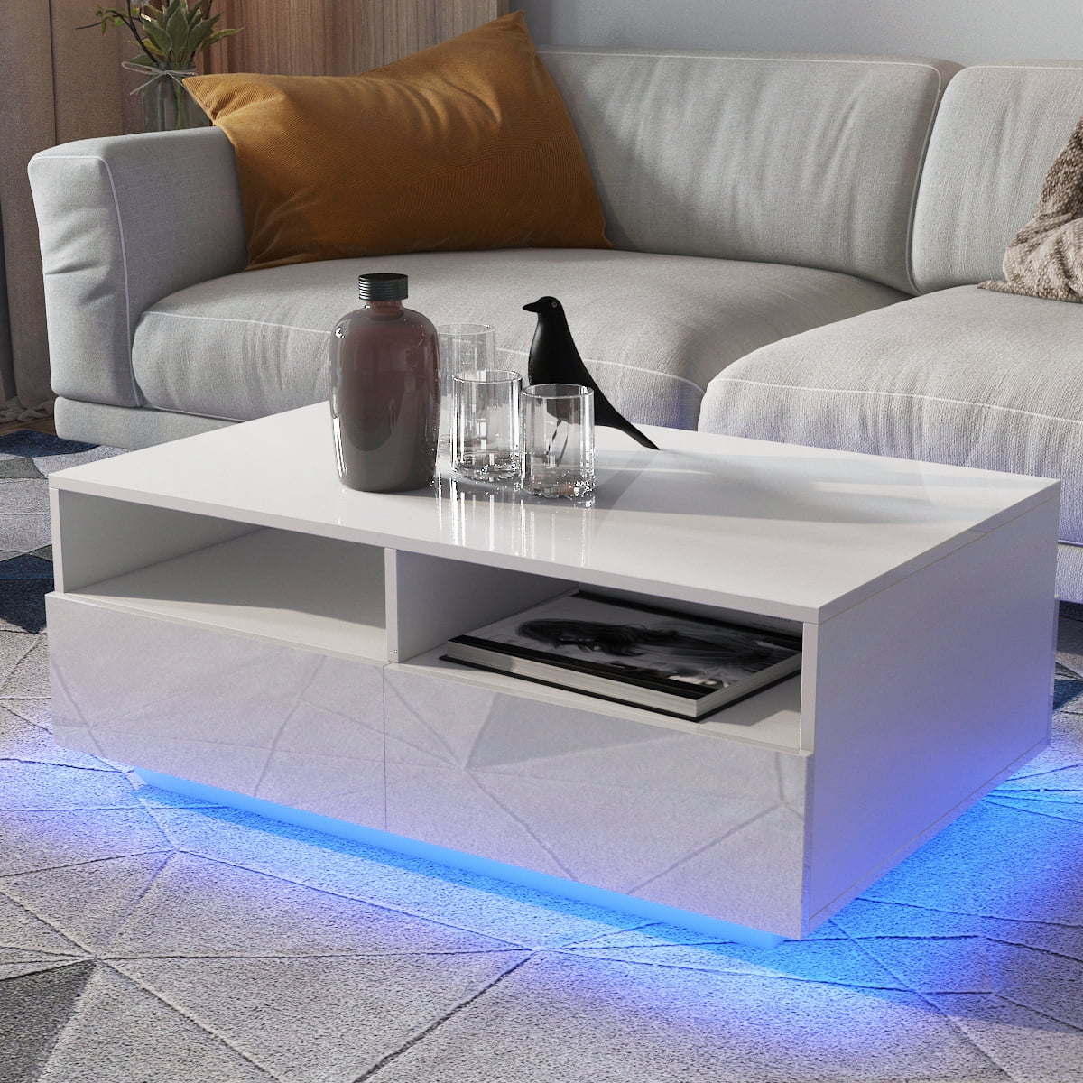 Hommpa Coffee Table with 4 Drawers LED Center Cocktail Table White High Gloss Finish