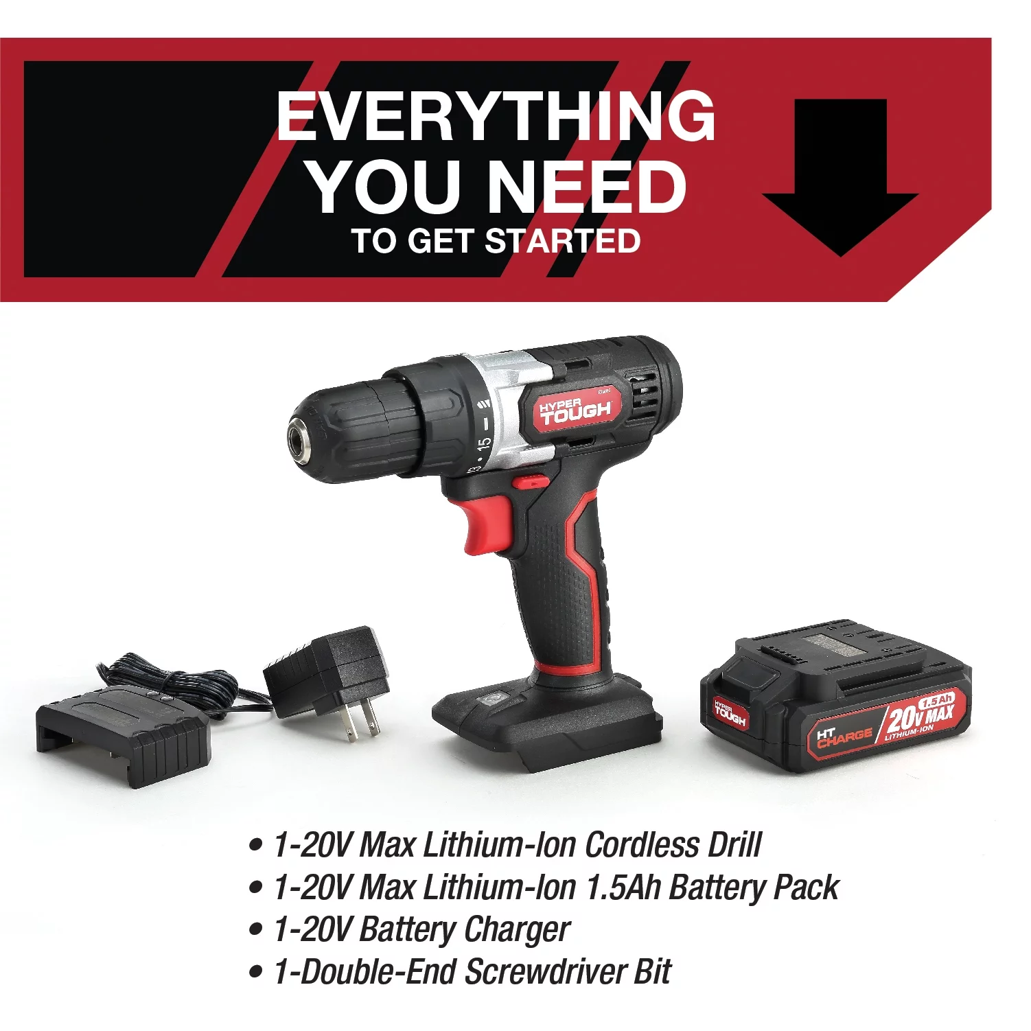 Hyper Tough 20V Max Lithium-Ion Cordless Drill, Variable Speed with 1.5Ah Lithium-Ion Battery & Charger