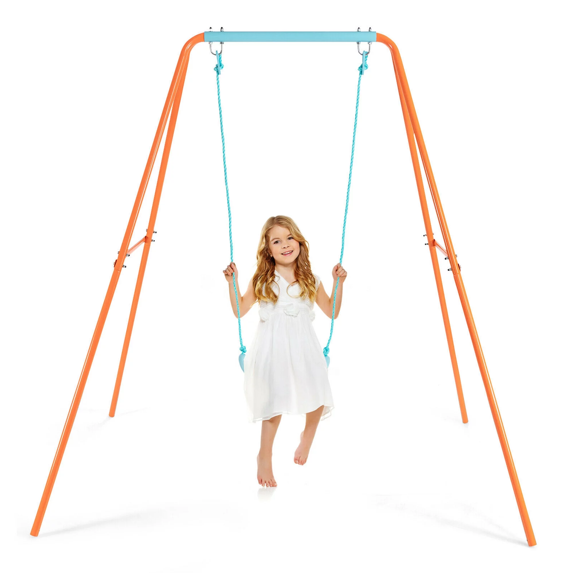 Gymax Outdoor Kids Swing Set Heavy Duty Metal A-Frame w/Ground Stakes Orange