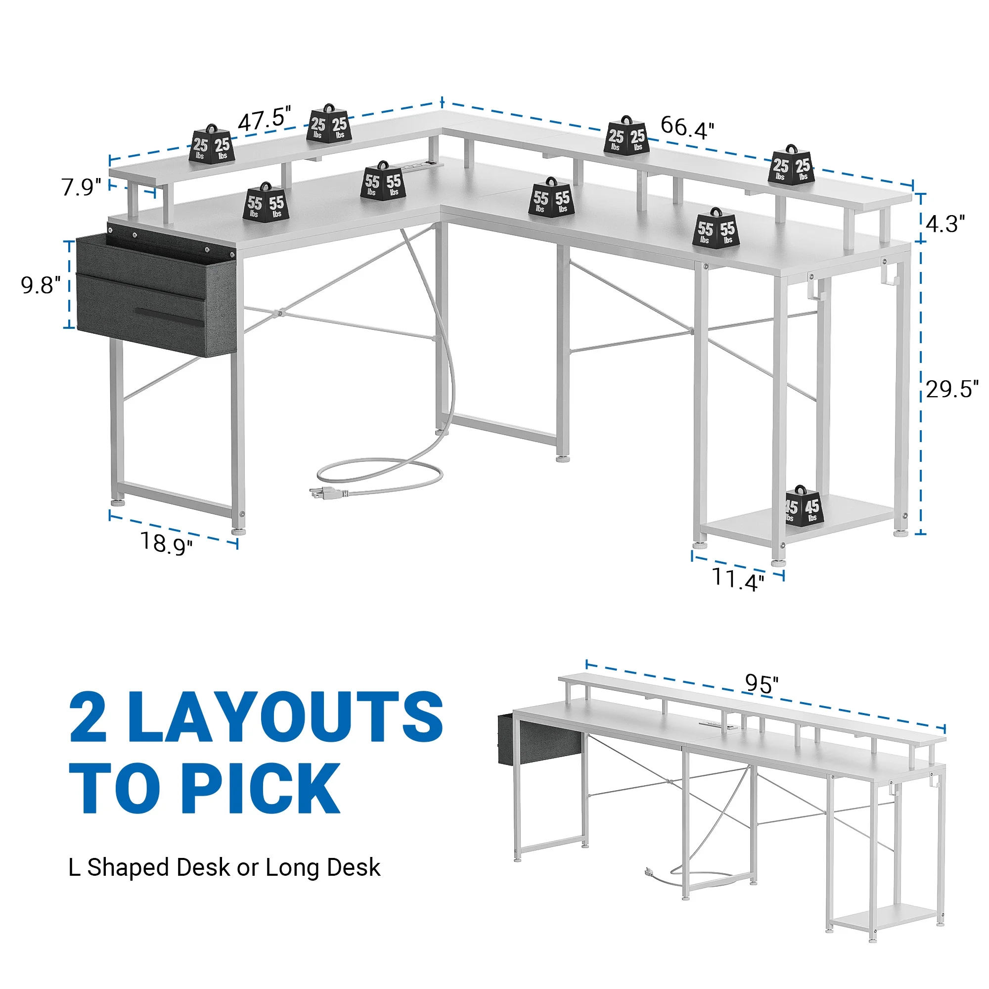 GIKPAL 95?? L-Shaped Computer Desk with LED Light Gaming Desk with Power Outlet, Home Office Desk with Monitor Stand, Storage Shelf and Storage Bag Corner Desk, Black